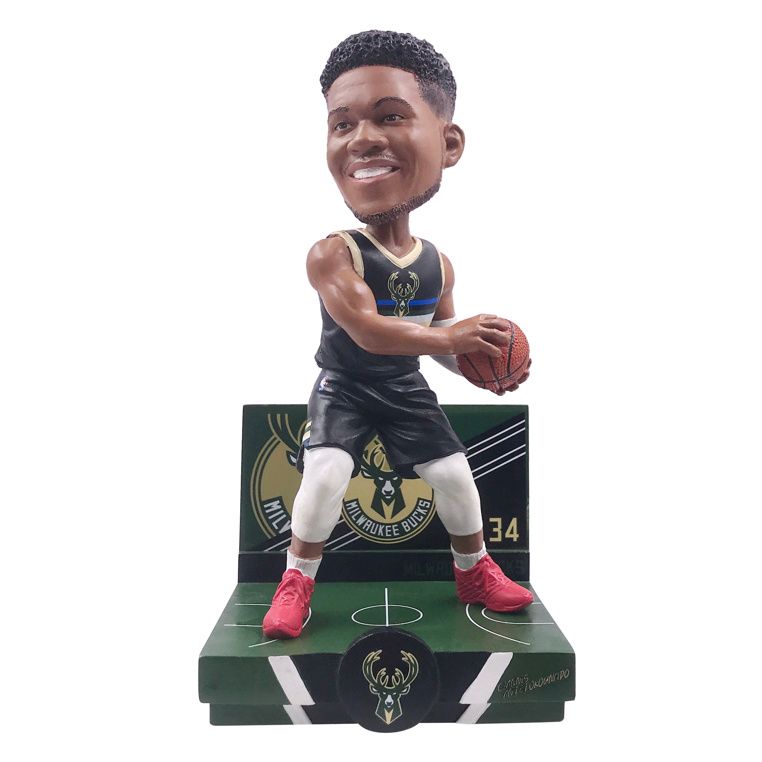 Handcrafted Giannis Antetokounmpo Milwaukee Bucks bobblehead, approximately 8 inches tall, showcasing vibrant colors and unique details.