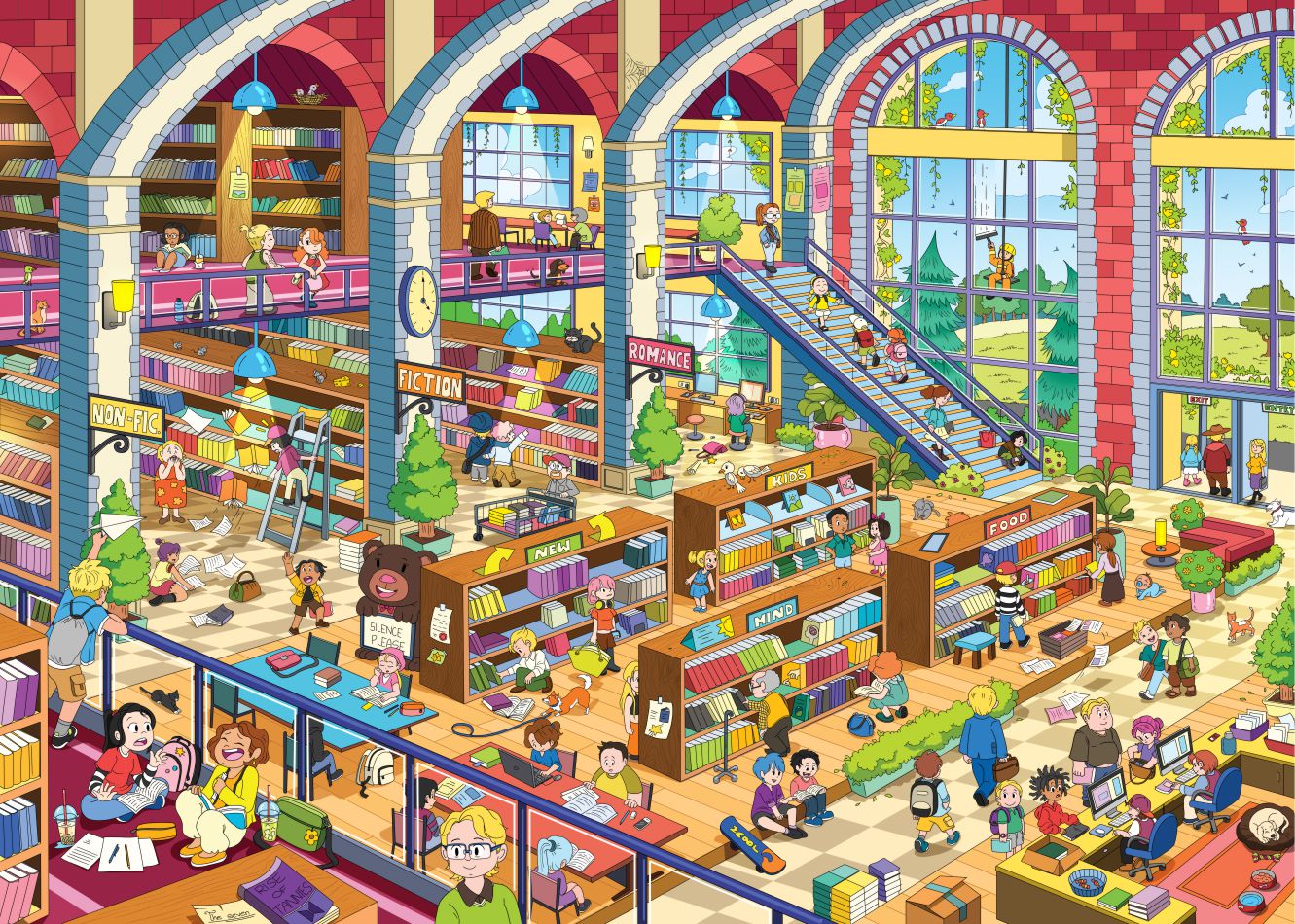 Grand Library Jigsaw Puzzle featuring unique characters and a stunning library illustration, perfect for puzzle enthusiasts.