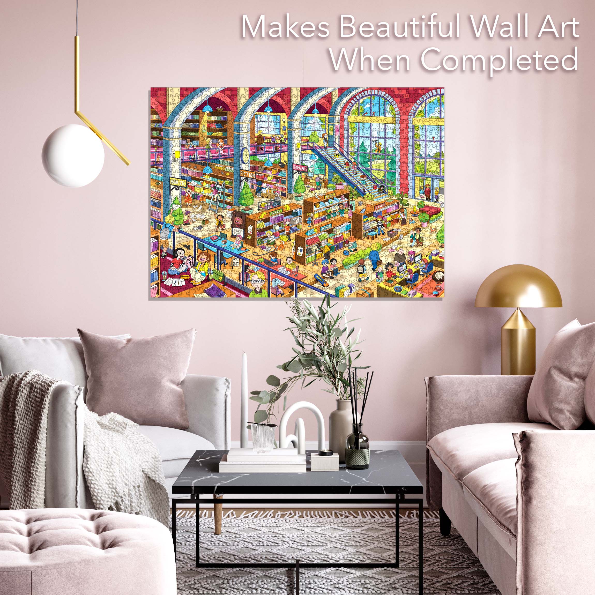 Grand Library Jigsaw Puzzle featuring unique characters and a stunning library illustration, perfect for puzzle enthusiasts.