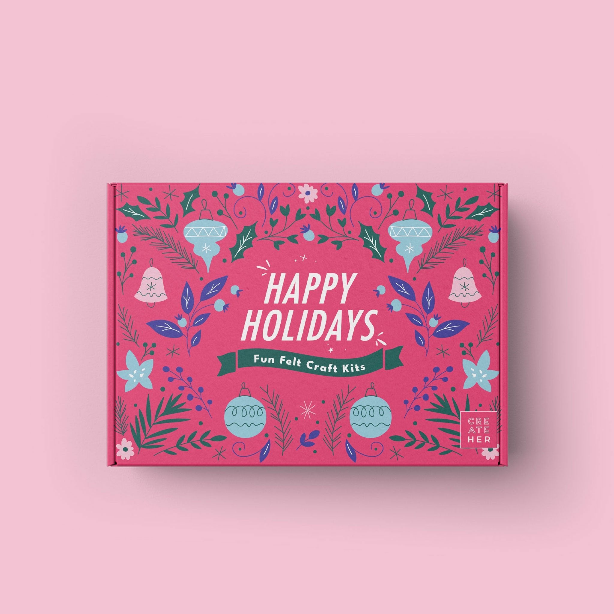 A colorful assortment of Happy Holidays Felt Craft Kits featuring seasonal designs, including snowflakes, Christmas trees, and ornaments, perfect for kids.