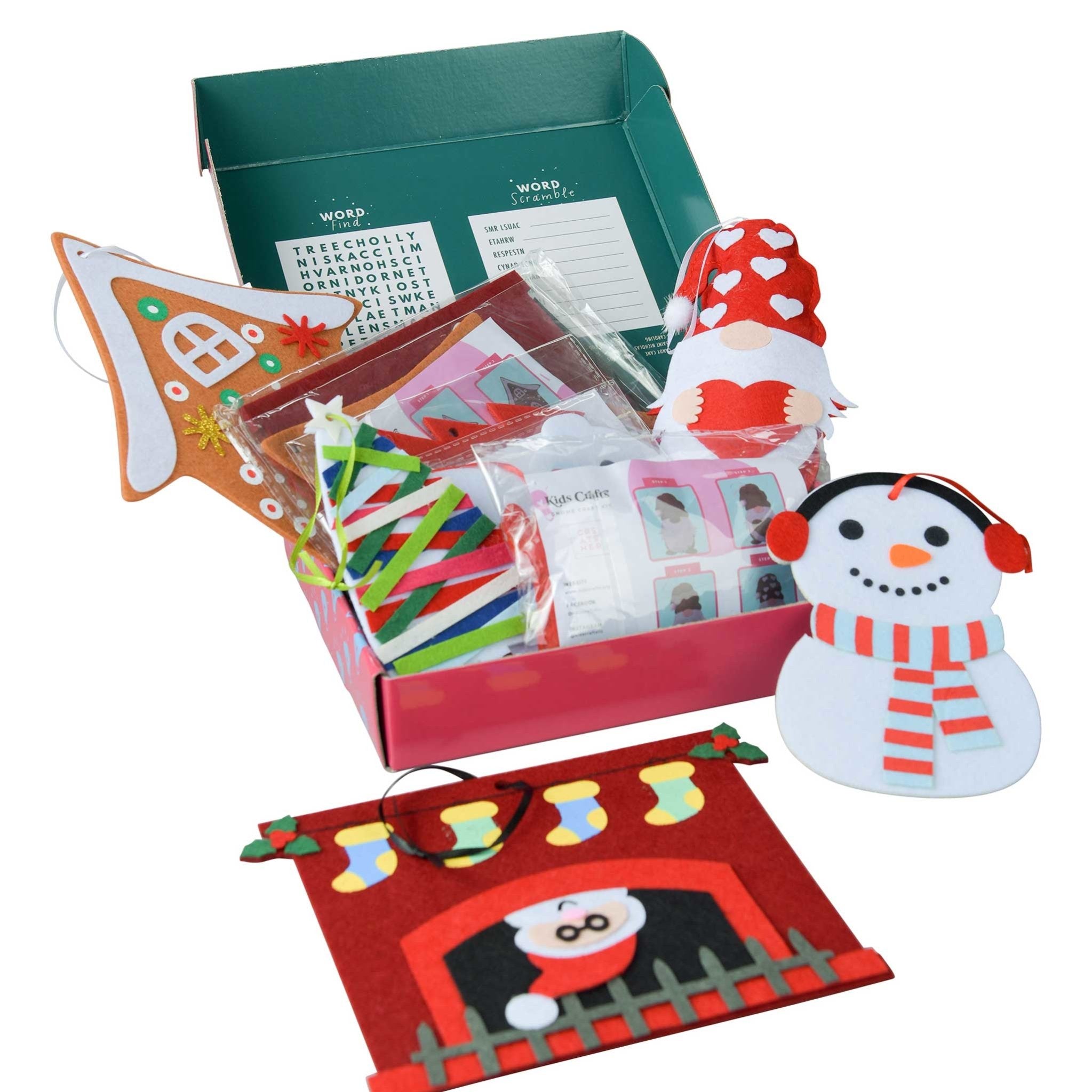 A colorful assortment of Happy Holidays Felt Craft Kits featuring seasonal designs, including snowflakes, Christmas trees, and ornaments, perfect for kids.