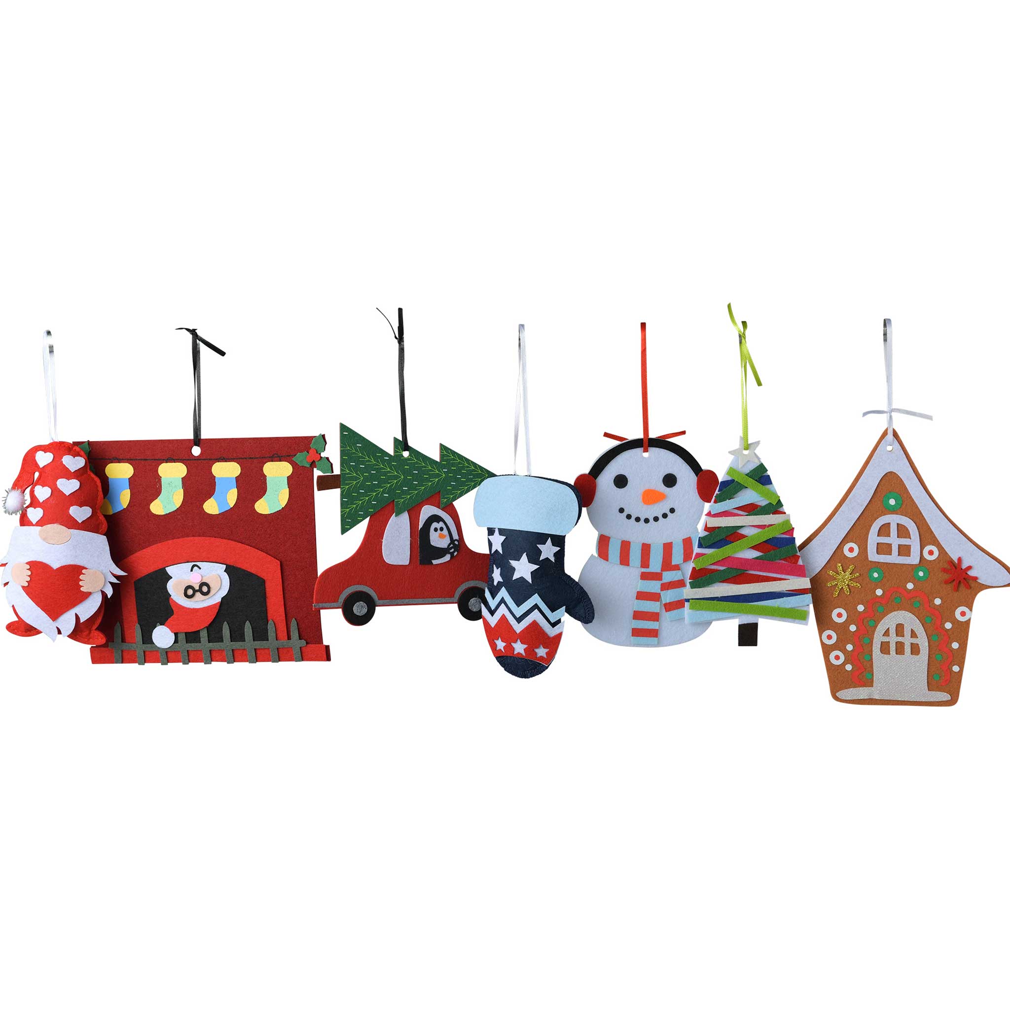 A colorful assortment of Happy Holidays Felt Craft Kits featuring seasonal designs, including snowflakes, Christmas trees, and ornaments, perfect for kids.