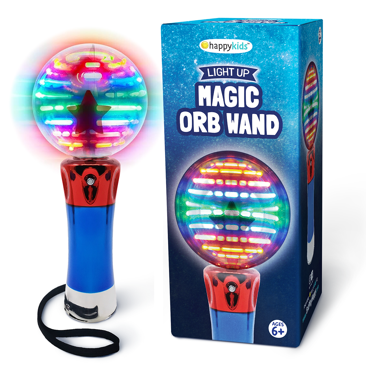 Happy Kids Light Up Magic Orb Wand with colorful LED lights, spinning action, and a strap, perfect for children's parties and sensory play.