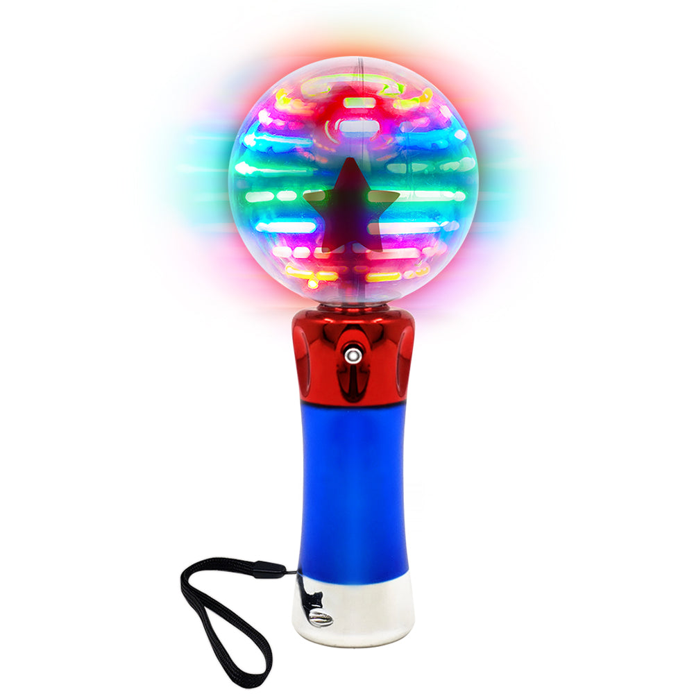 Happy Kids Light Up Magic Orb Wand with colorful LED lights, spinning action, and a strap, perfect for children's parties and sensory play.