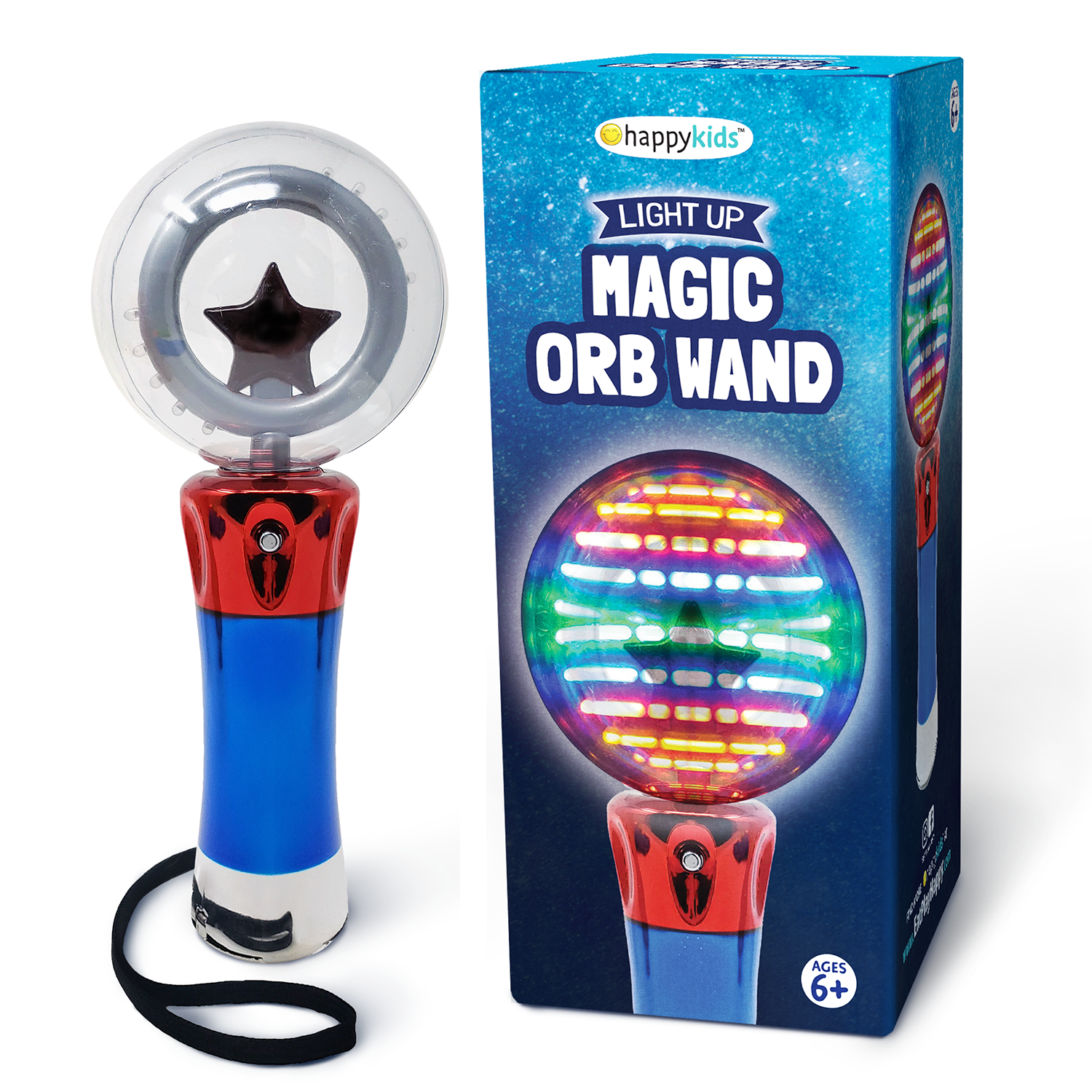 Happy Kids Light Up Magic Orb Wand with colorful LED lights, spinning action, and a strap, perfect for children's parties and sensory play.