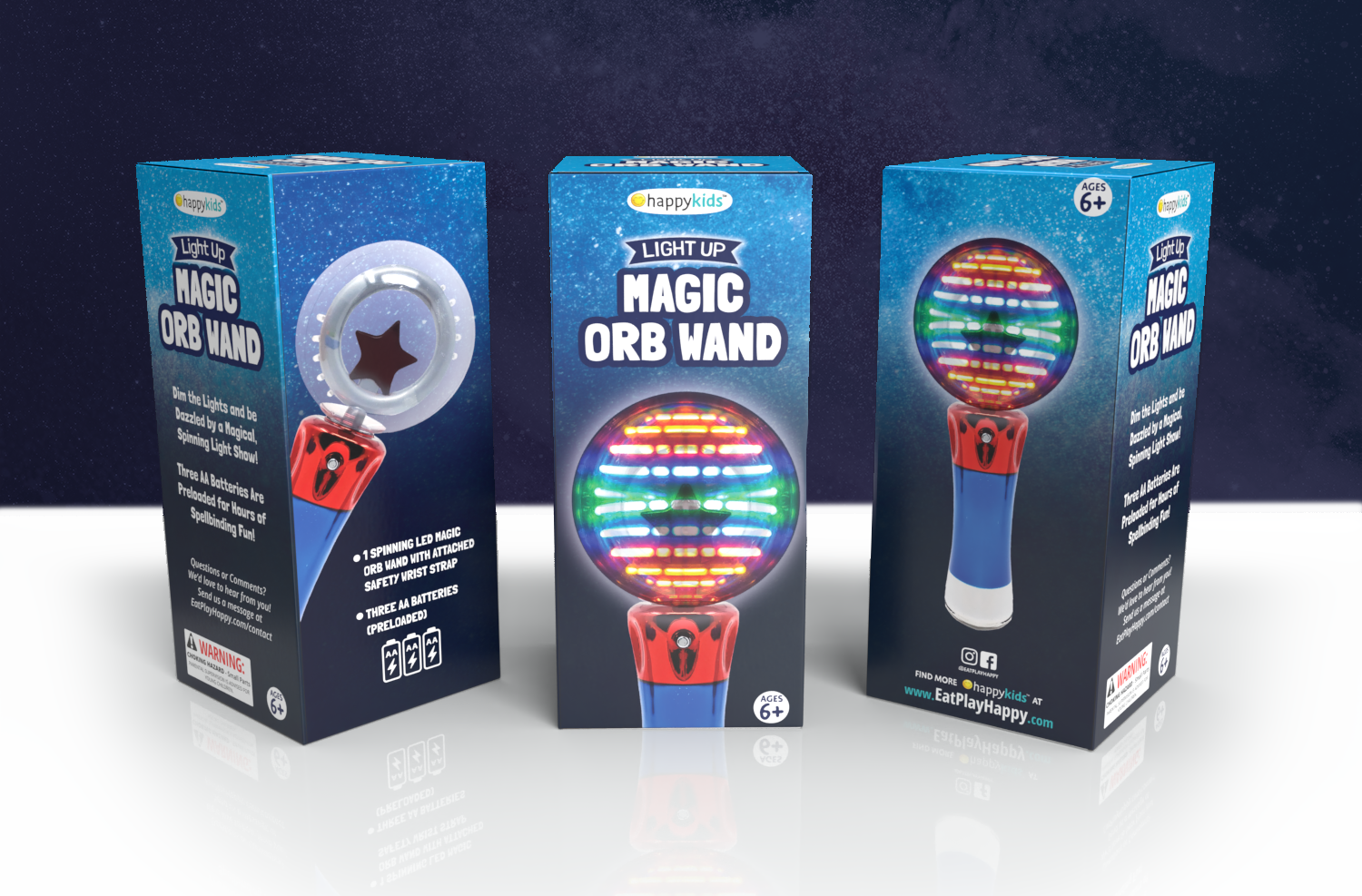 Happy Kids Light Up Magic Orb Wand with colorful LED lights, spinning action, and a strap, perfect for children's parties and sensory play.