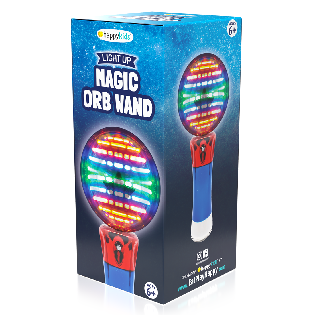 Happy Kids Light Up Magic Orb Wand with colorful LED lights, spinning action, and a strap, perfect for children's parties and sensory play.