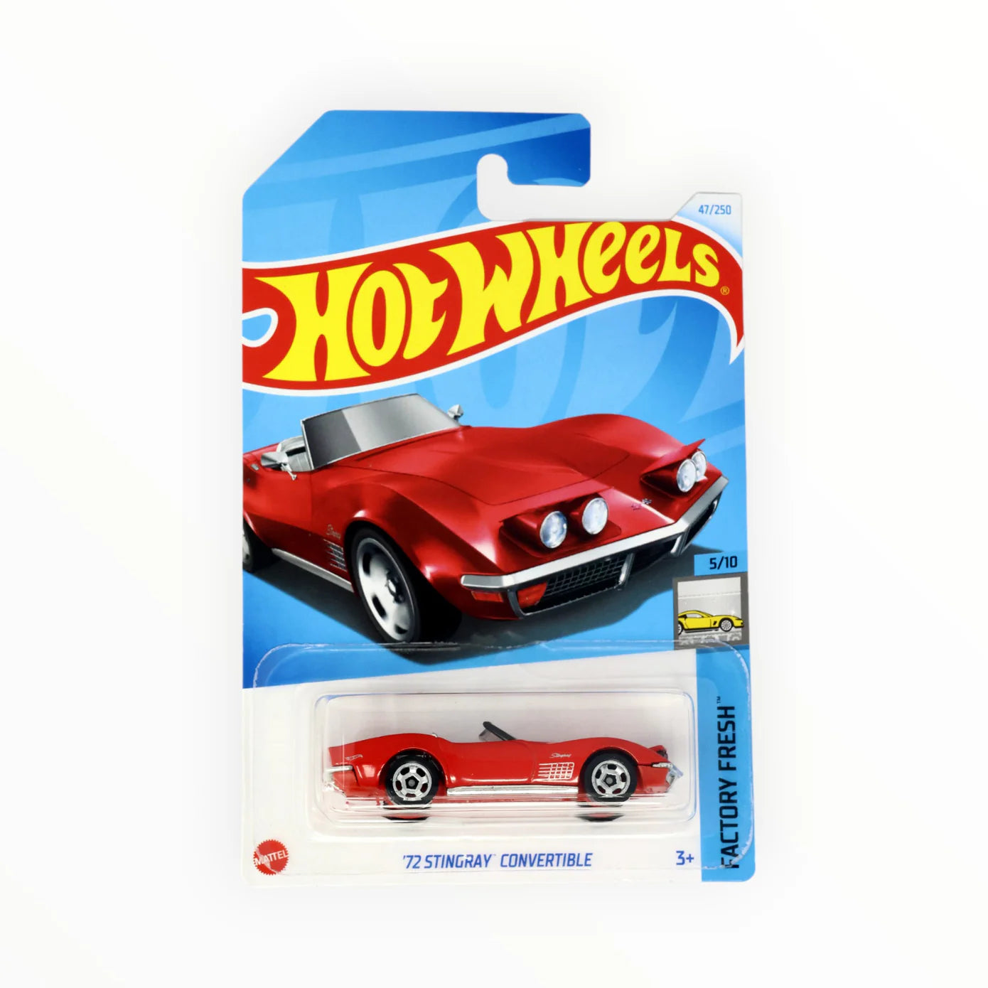 Hot Wheels Factory Fresh '72 Stingray Convertible in vibrant red, showcasing detailed die-cast design.