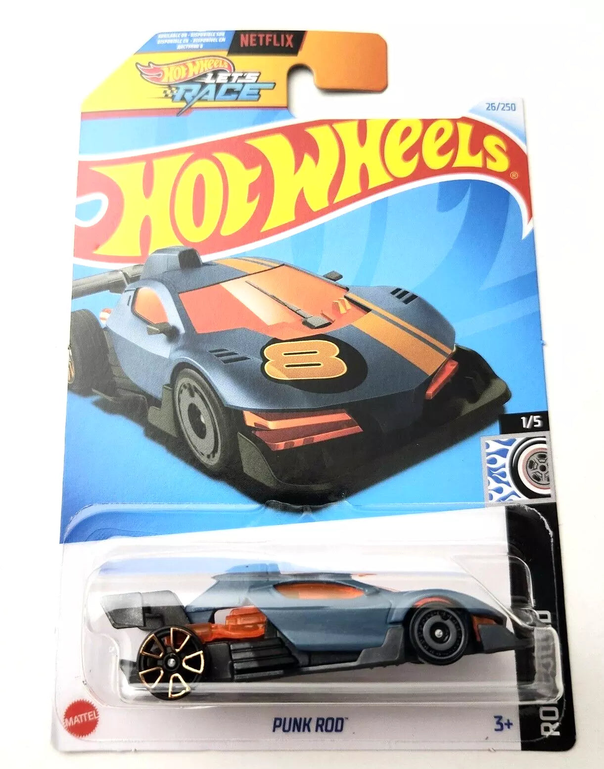 Hot Wheels Punk Rod die-cast car in blue, part of the 2024 Mainline collection, showcasing its sleek design and vibrant color.