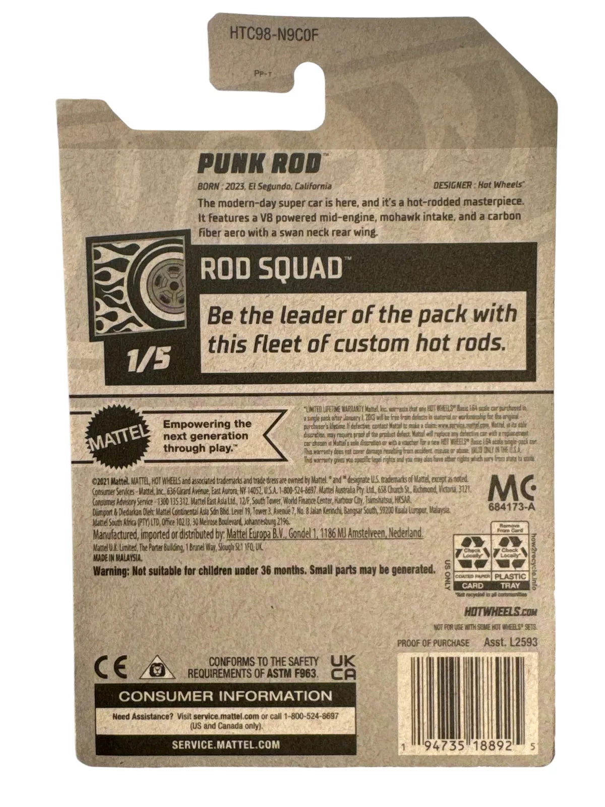 Hot Wheels Punk Rod die-cast car in blue, part of the 2024 Mainline collection, showcasing its sleek design and vibrant color.