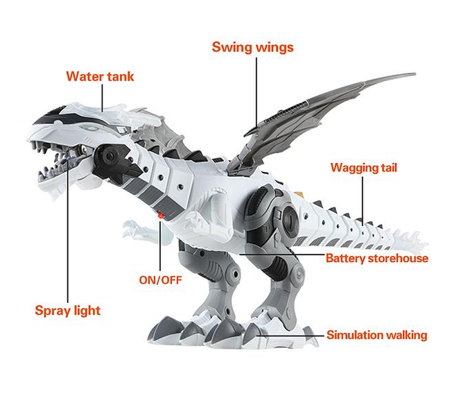 Intelligent Dinosaur Robot for kids, featuring water mist spray and realistic sounds, designed for children over 3 years old.