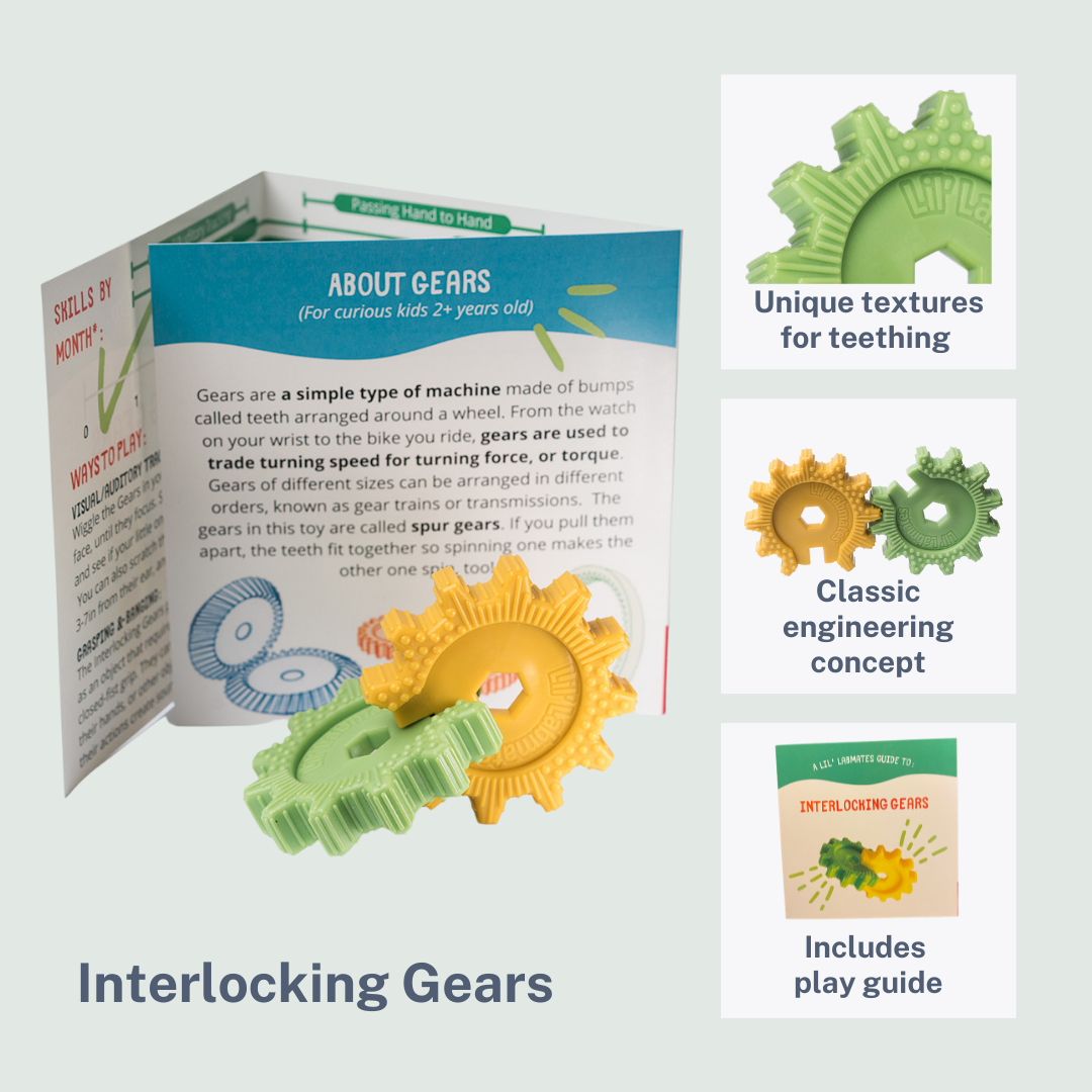 Colorful interlocking gears designed for children's play and education, showcasing various sizes and colors.
