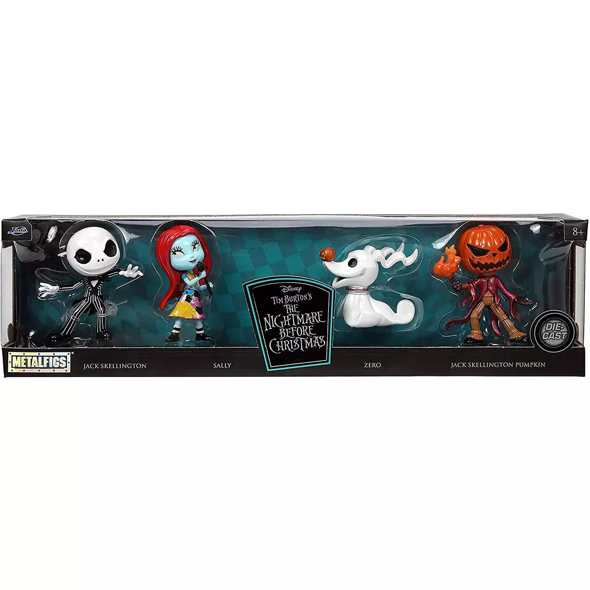 Jada Toys Nightmare Before Christmas Metalfig action figures including Jack Skellington, Sally, Zero, and Pumpkin King, each 2.5 inches tall.