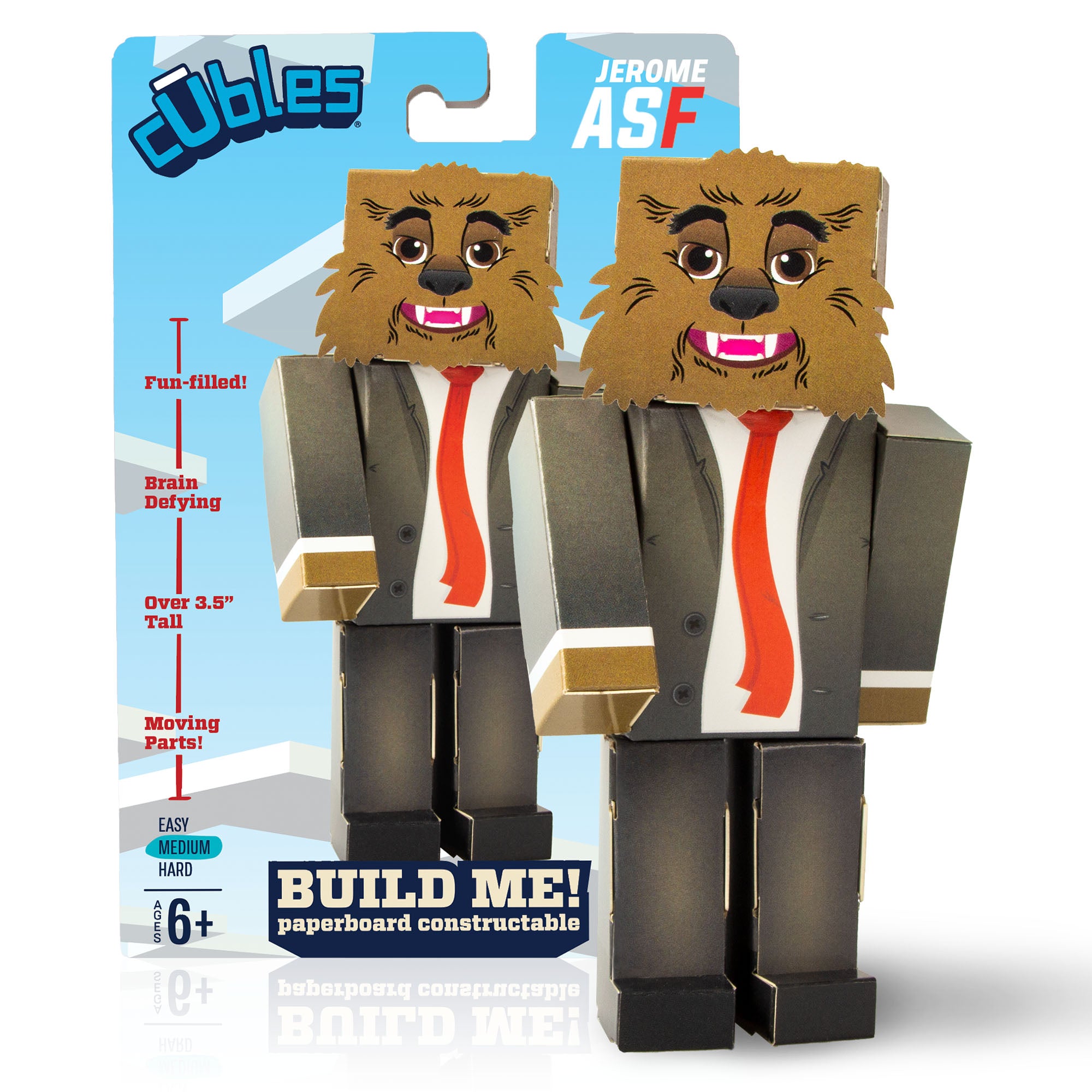 JeromeASF CUBLES paper craft kit featuring a poseable character, showcasing precision-cut pieces and eco-friendly packaging.