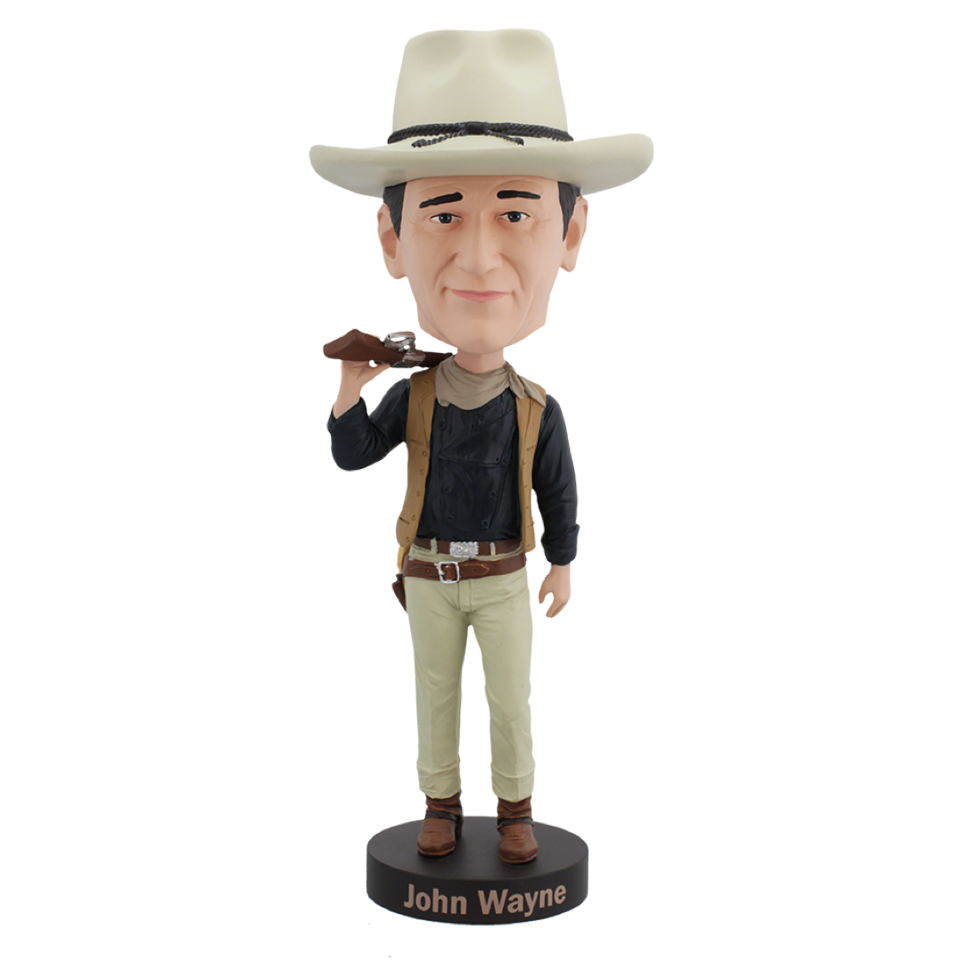 John Wayne Cowboy Bobblehead, 9.5 inches tall, detailed features including belt buckle and pistol.