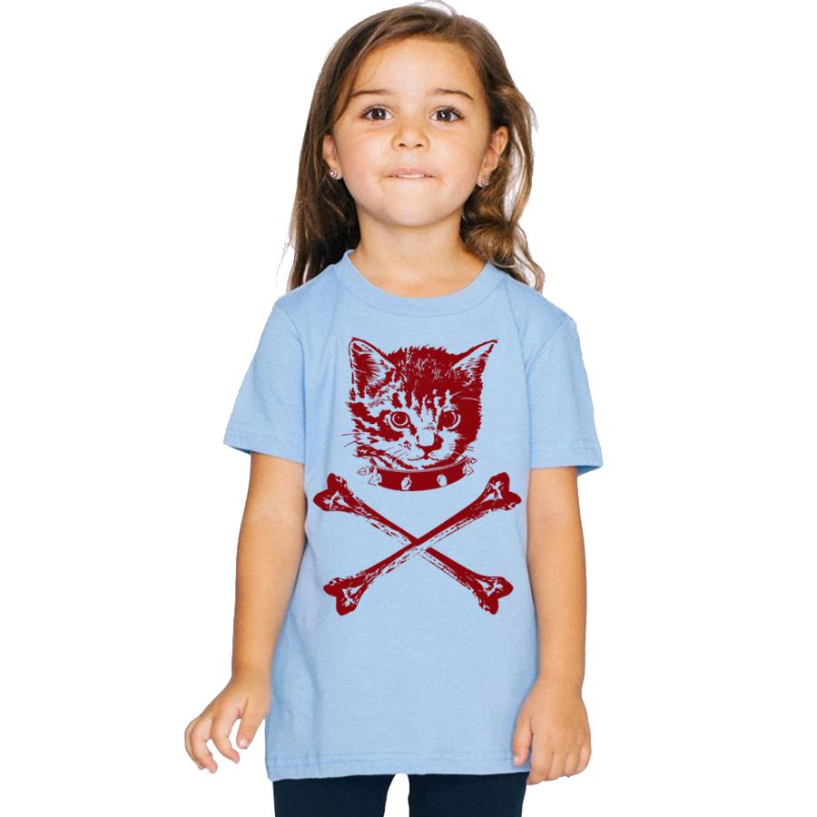 Child wearing cat graphic t-shirt.