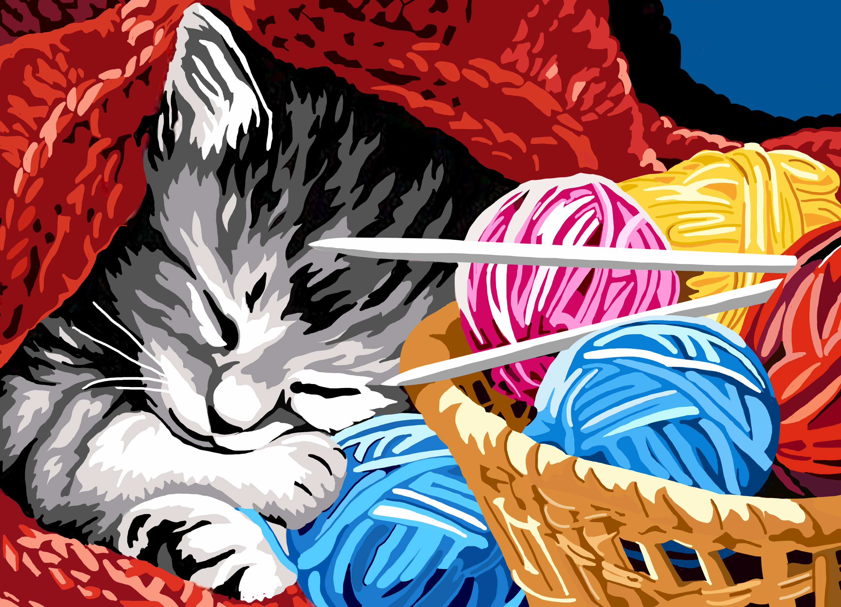 Kitty Snooze Jigsaw Puzzle featuring a sleeping cat surrounded by colorful woolen balls, showcasing vibrant colors and intricate details.