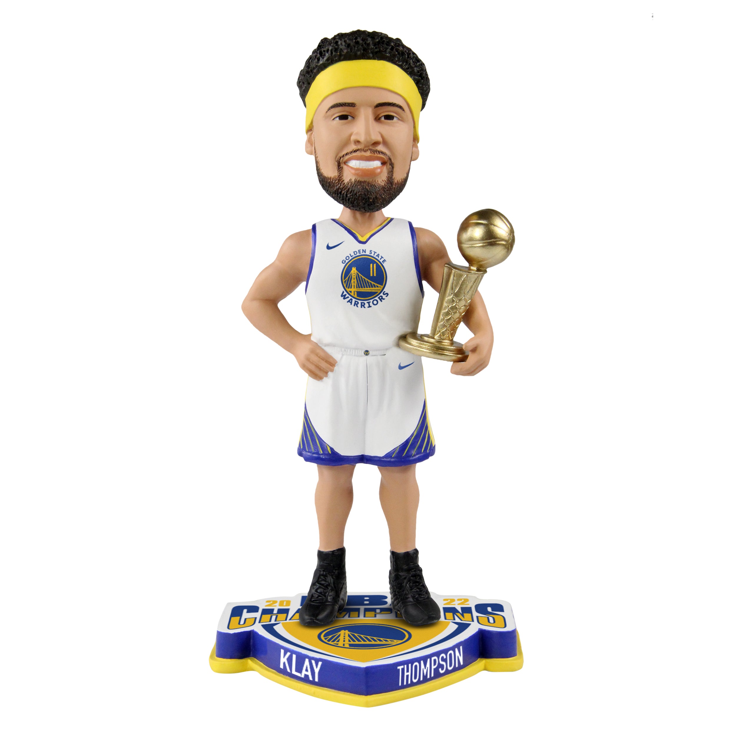 Handcrafted Klay Thompson bobblehead celebrating the Golden State Warriors' 2022 NBA Championship, approximately 8 inches tall.