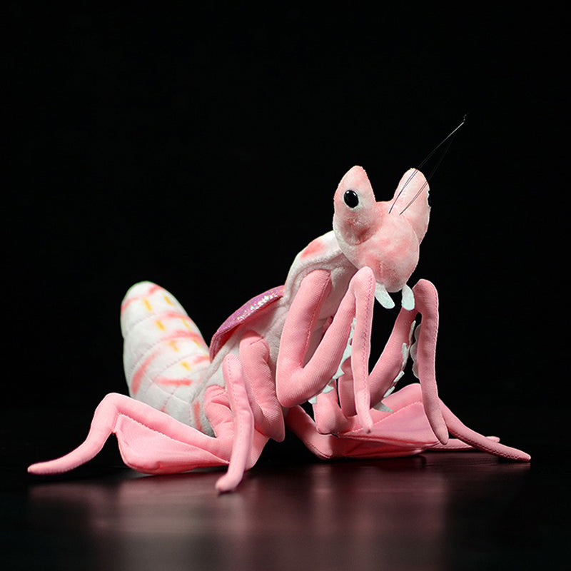 A vibrant pink and green lifelike praying mantis plush toy, showcasing exquisite craftsmanship and soft materials, perfect for kids.
