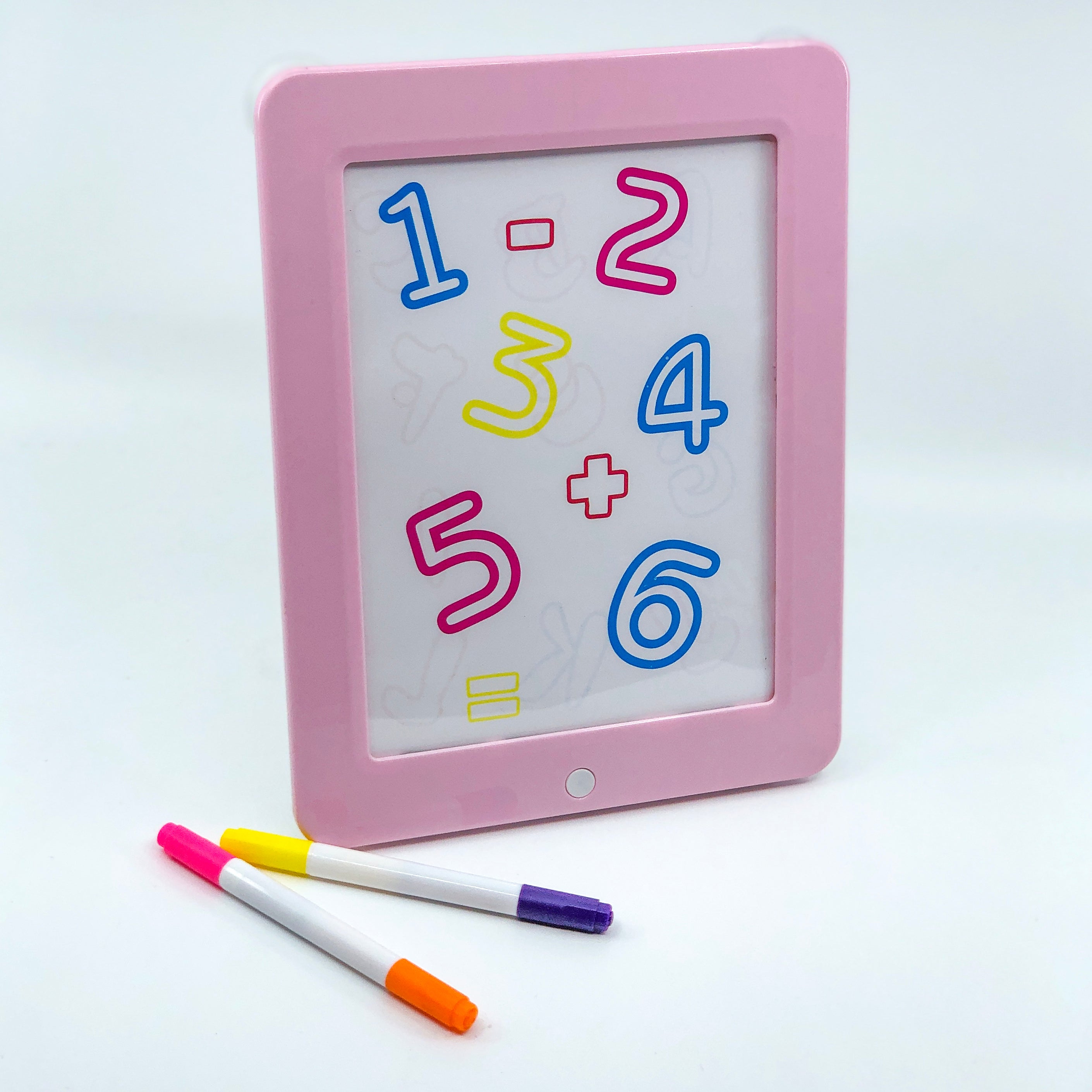 Light-Up Dry-Erase Drawing Board with colorful light effects and included markers and stencils.