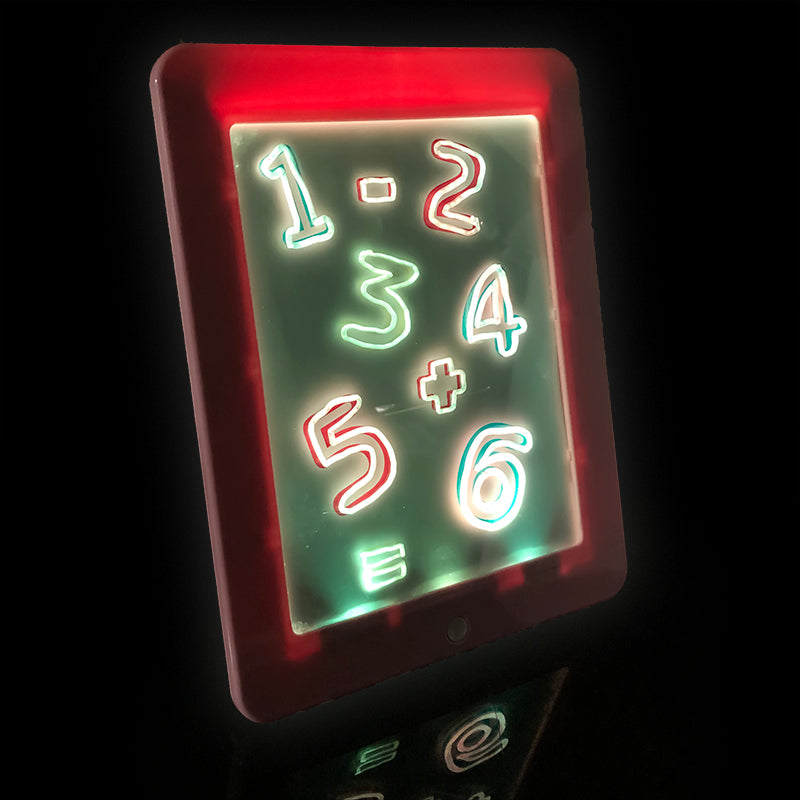Light-Up Dry-Erase Drawing Board with colorful light effects and included markers and stencils.