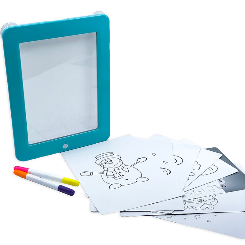 Light-Up Dry-Erase Drawing Board with colorful light effects and included markers and stencils.