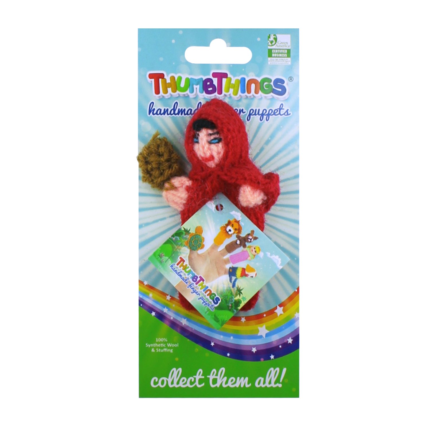 Handcrafted Little Red Ridinghood finger puppet made from eco-friendly materials, showcasing vibrant colors and unique design.