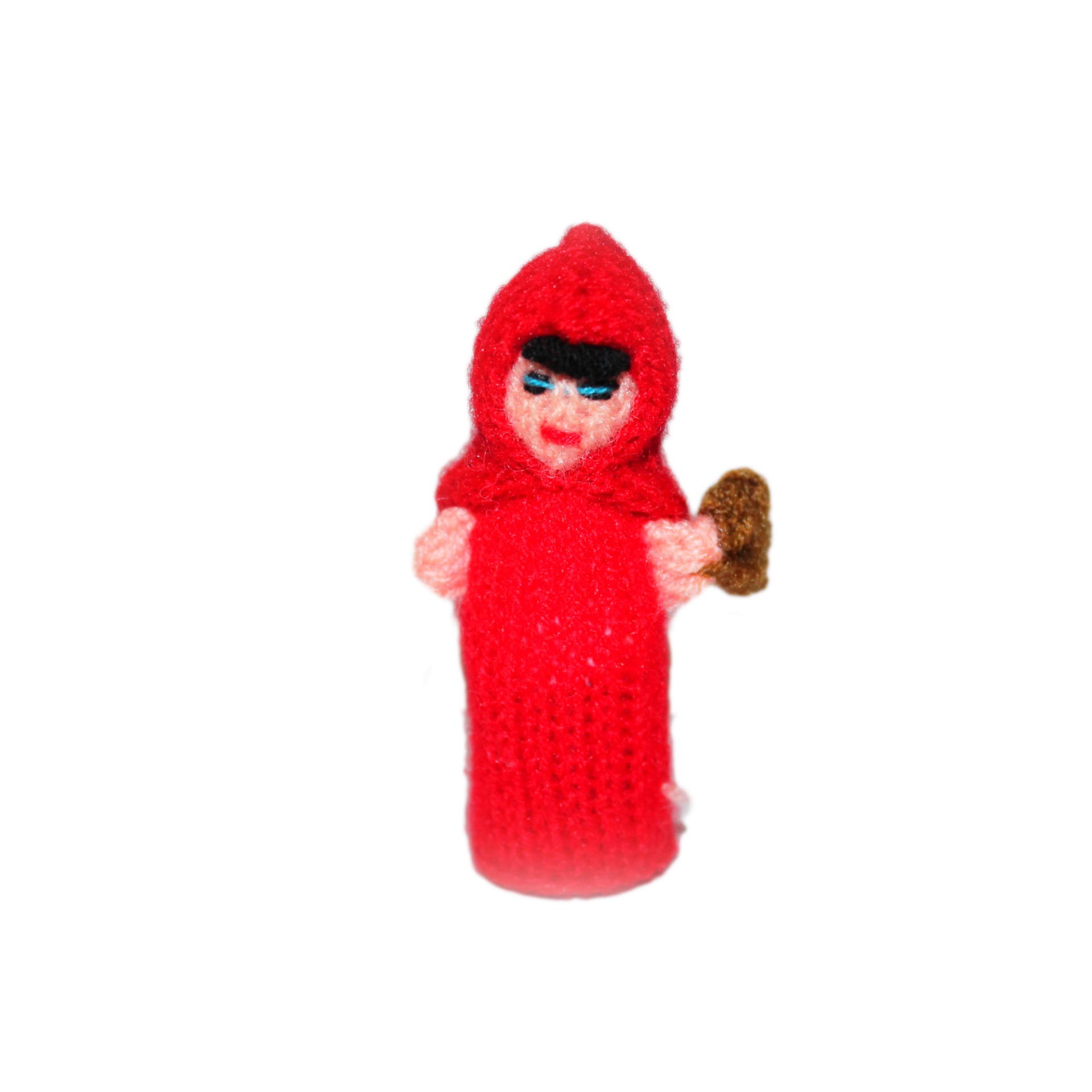 Handcrafted Little Red Ridinghood finger puppet made from eco-friendly materials, showcasing vibrant colors and unique design.