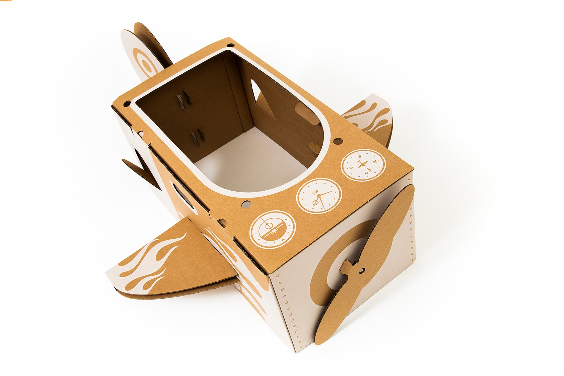 A colorful DIY cardboard airplane for kids, showcasing its strong design and creative decoration options, perfect for imaginative play.