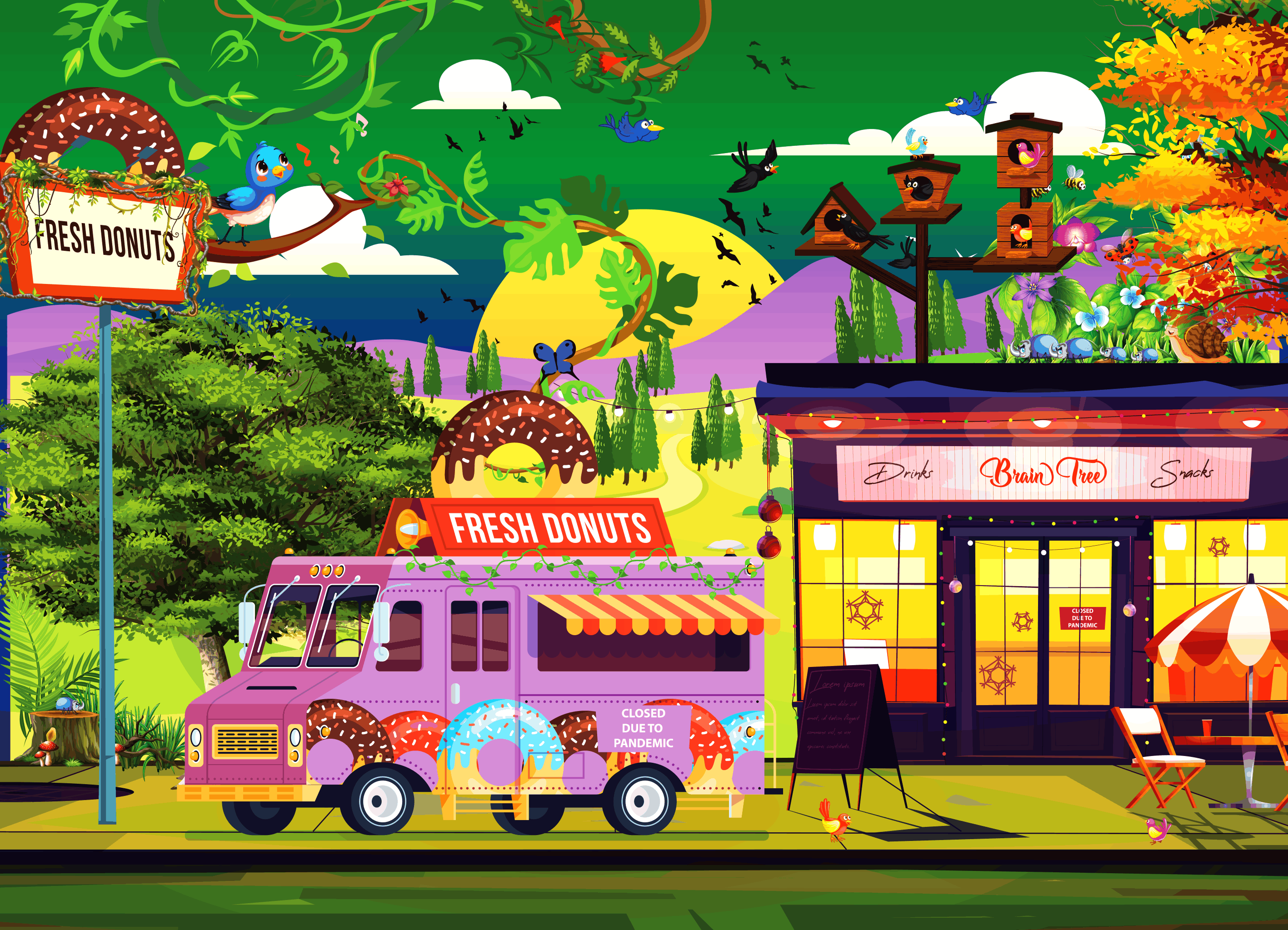 Lockdown Jigsaw Puzzle featuring a closed donut shop and blooming nature, showcasing 1000 unique pieces.