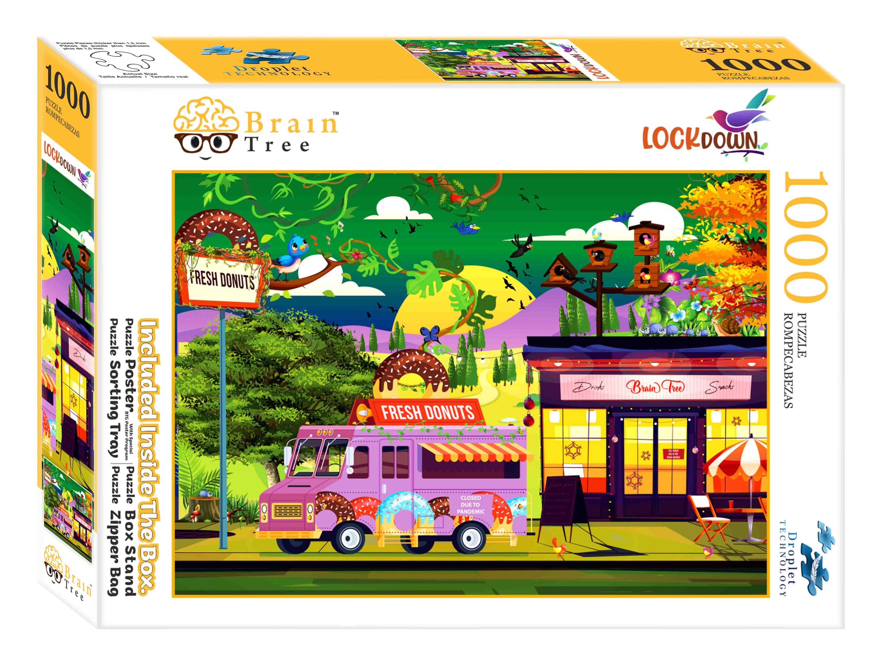 Lockdown Jigsaw Puzzle featuring a closed donut shop and blooming nature, showcasing 1000 unique pieces.