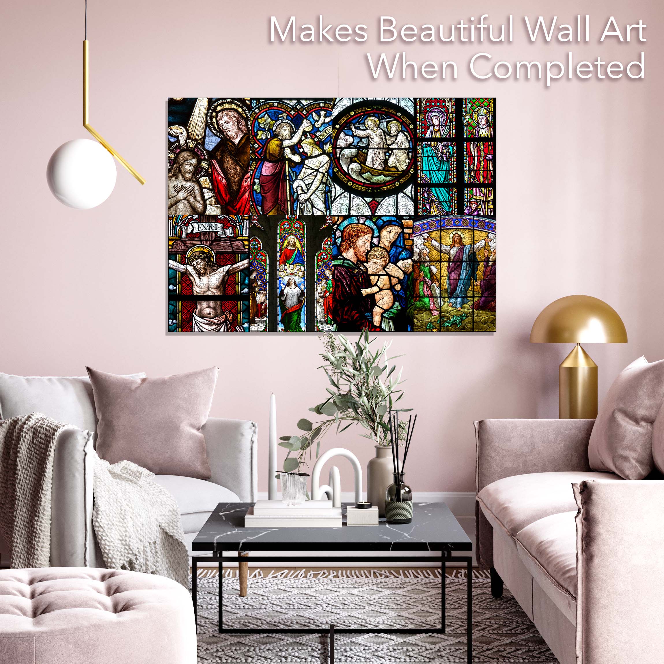 Lord Jigsaw Puzzle 1000 Piece featuring glass paintings of Jesus, showcasing unique puzzle pieces and premium quality.