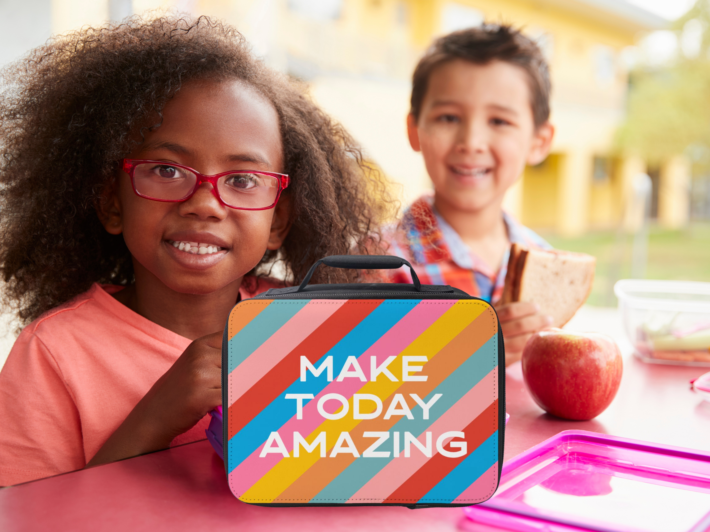 Colorful Make Today Amazing Lunch Box featuring inspiring quotes, perfect for school and outings.
