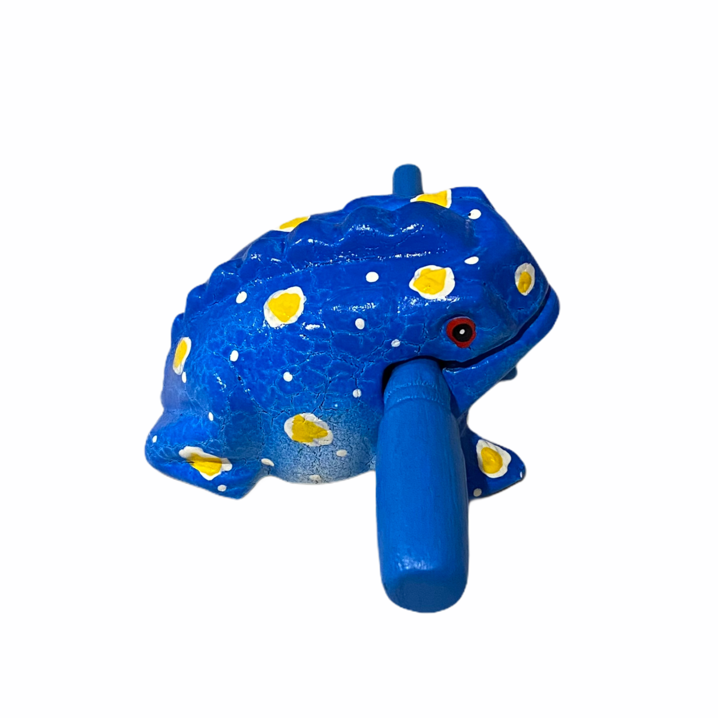 A beautifully crafted Medium Painted Winter Frog musical percussion instrument, showcasing vibrant colors and intricate details, with a small wooden mallet resting in its mouth.
