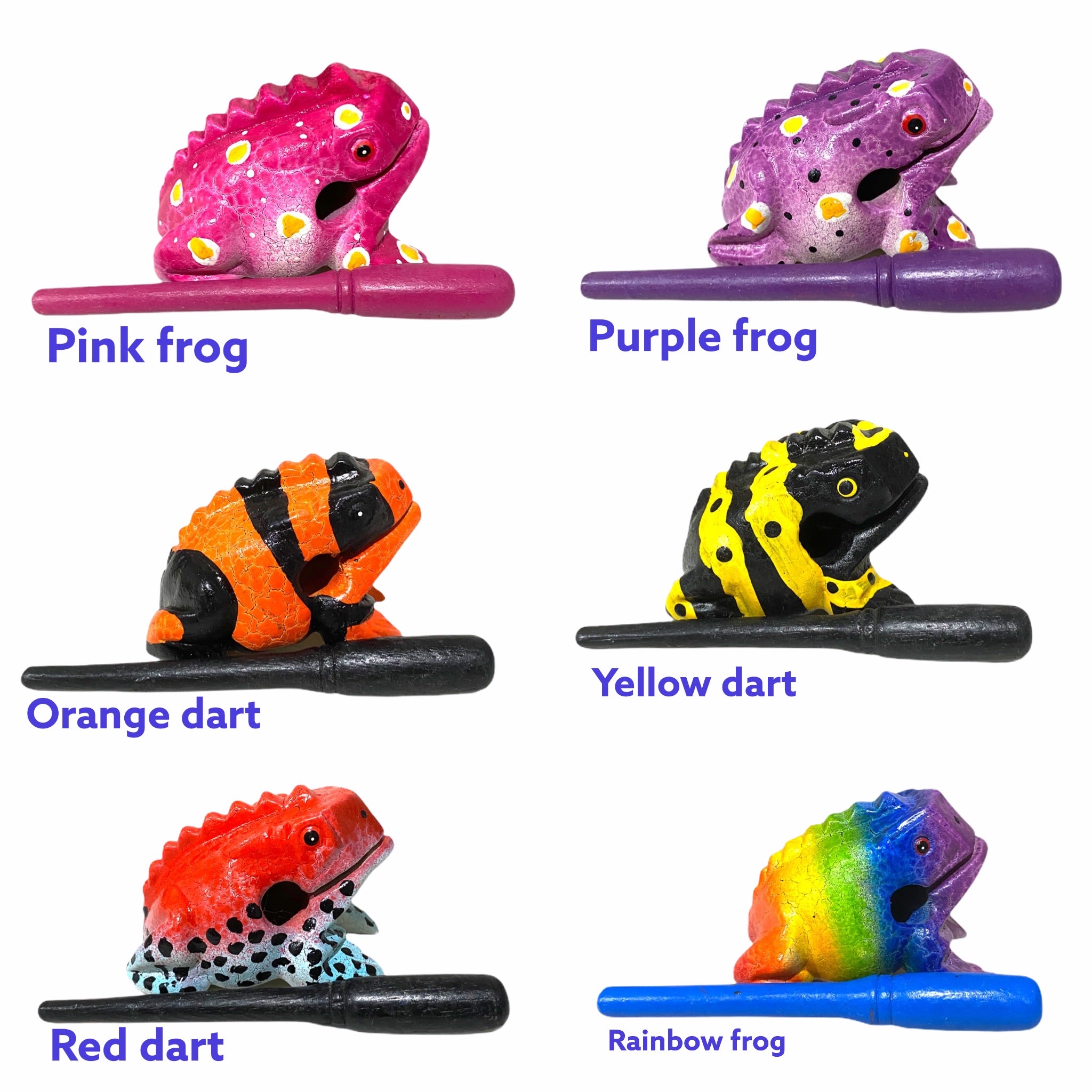 A beautifully crafted medium-sized painted wooden frog percussion instrument with a mallet, showcasing vibrant colors and intricate details.