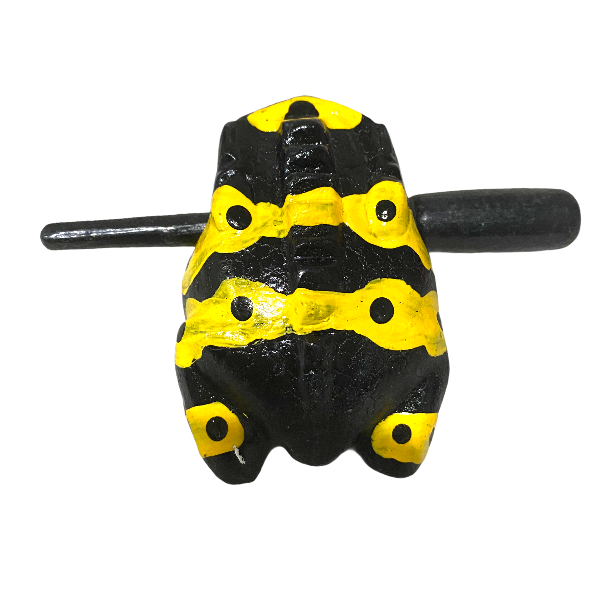 A beautifully crafted medium-sized painted wooden frog percussion instrument with a mallet, showcasing vibrant colors and intricate details.