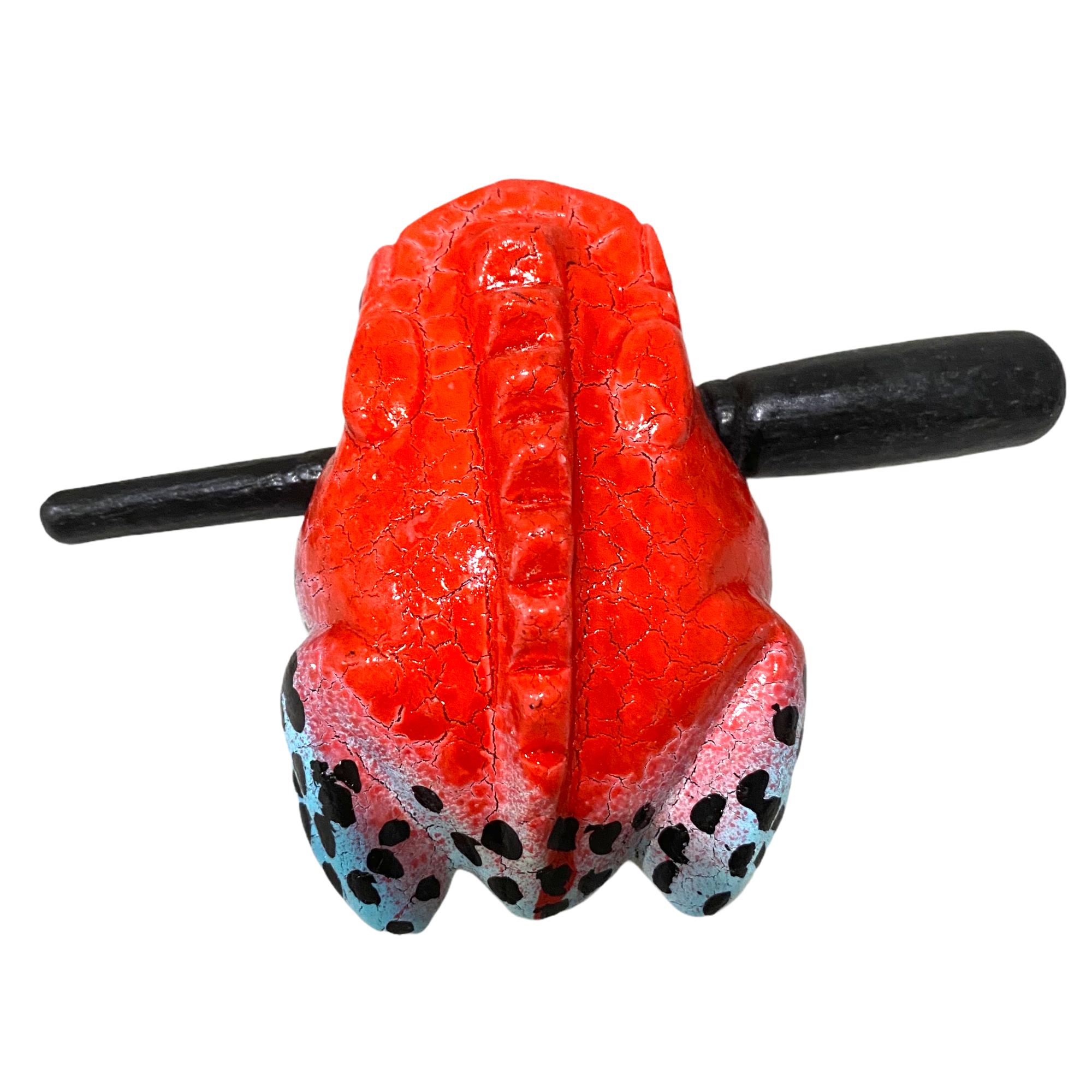 A beautifully crafted medium-sized painted wooden frog percussion instrument with a mallet, showcasing vibrant colors and intricate details.