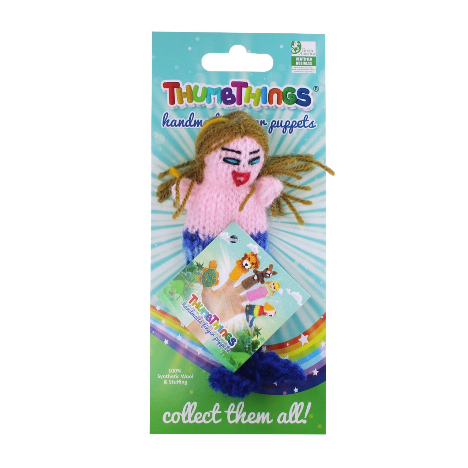 Colorful Mermaid finger puppet handcrafted by Peruvian artisans, showcasing unique design and eco-friendly materials.