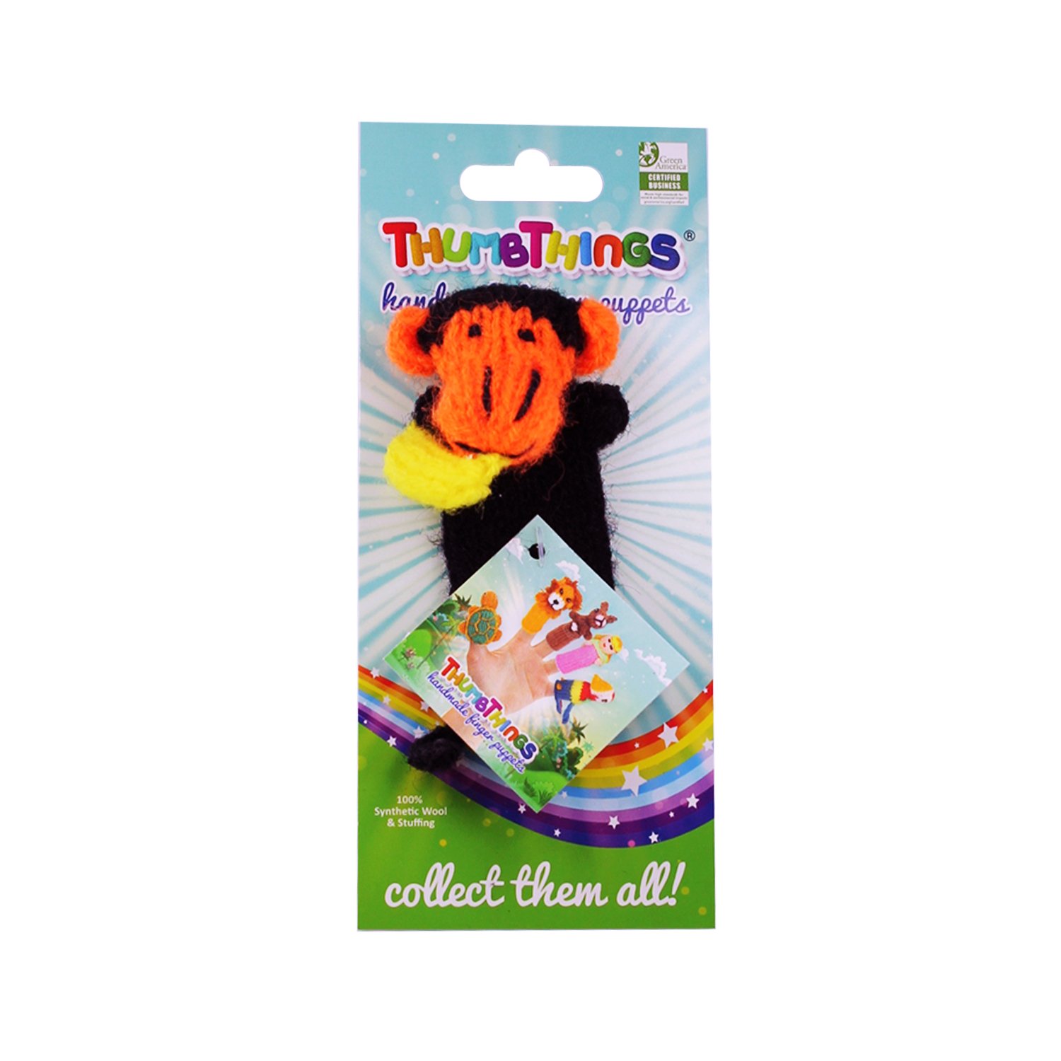 Handcrafted black and orange monkey finger puppet made from eco-friendly materials, showcasing unique artisan craftsmanship.