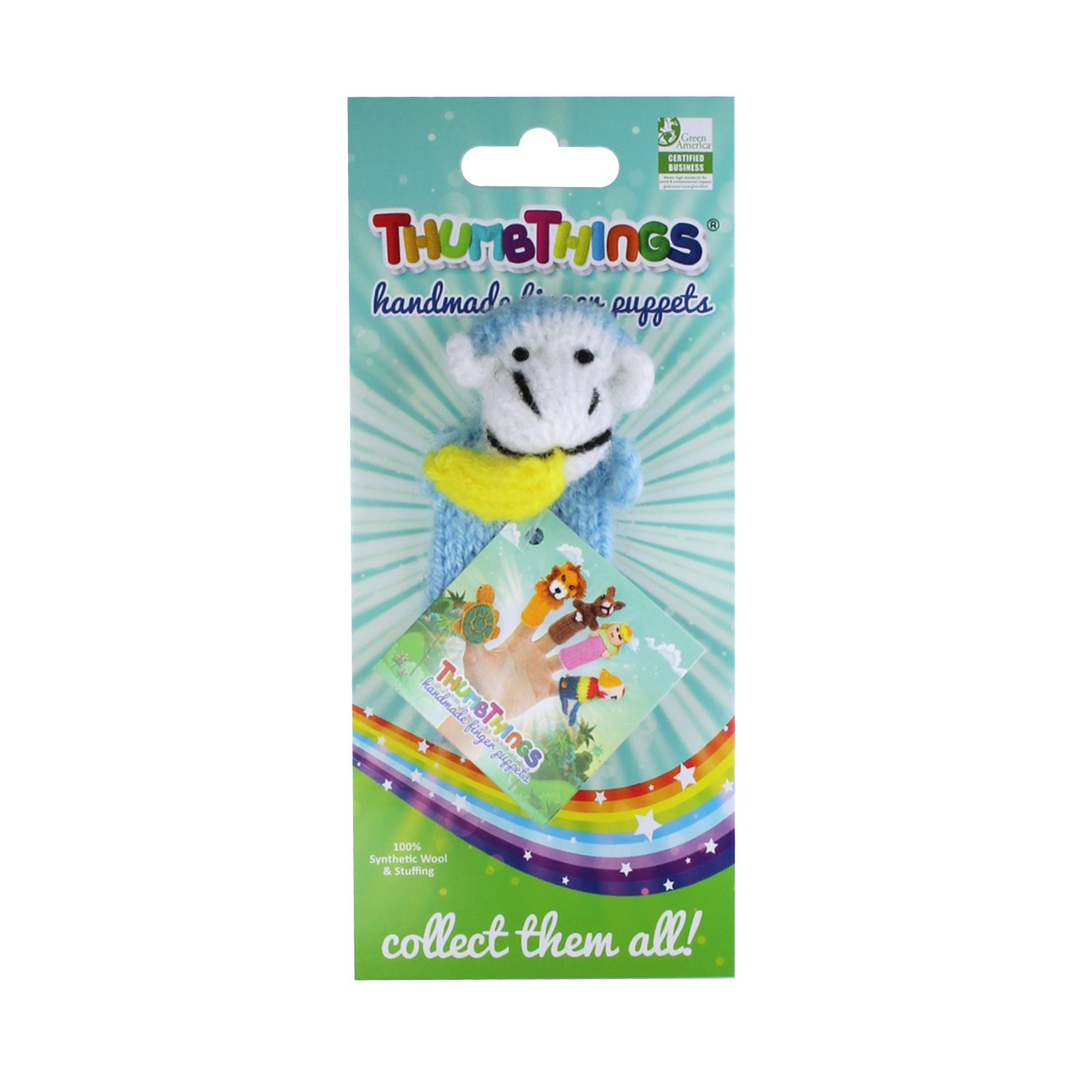 Handcrafted blue monkey finger puppet made from eco-friendly materials, showcasing unique design and vibrant colors.