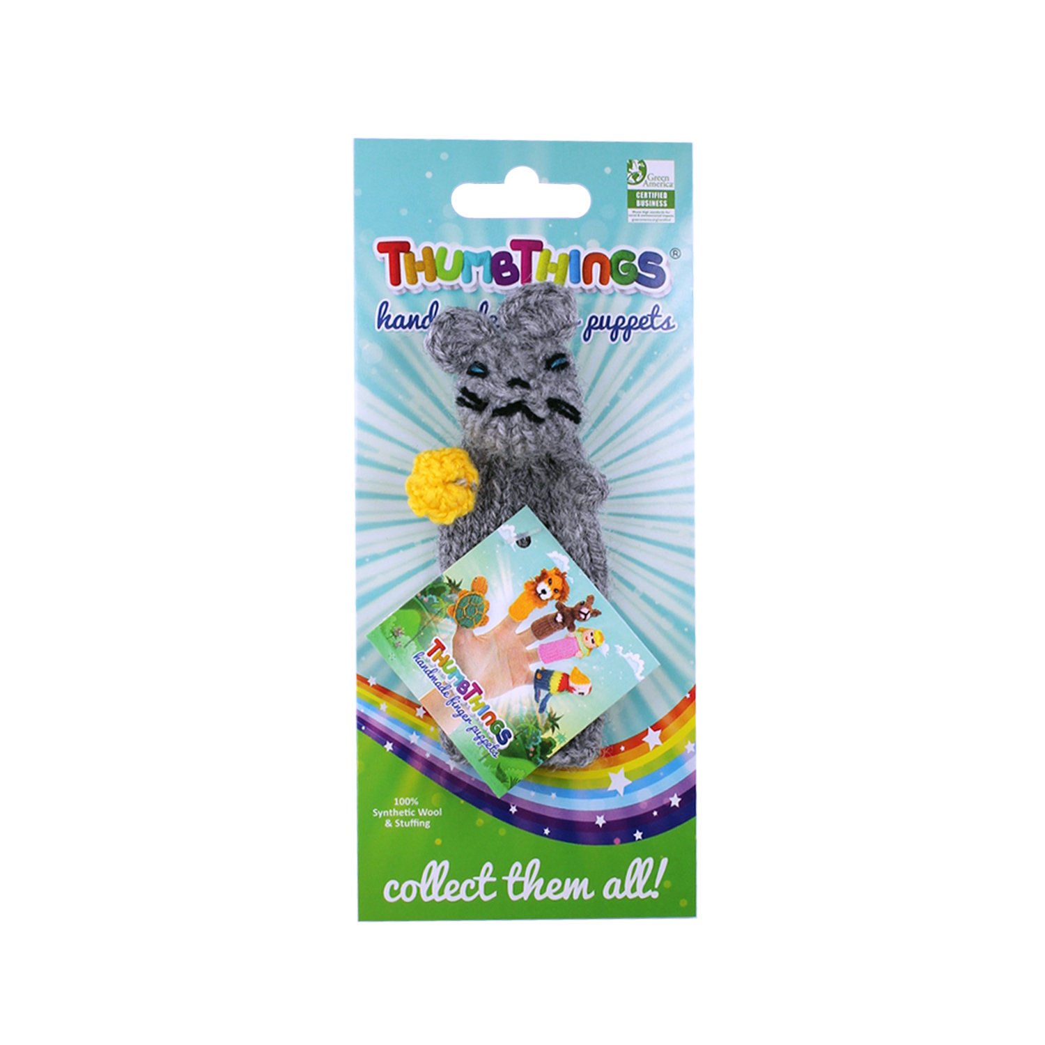 Colorful Mouse Eating Cheese Finger Puppet handcrafted by Peruvian artisans, showcasing unique design and vibrant colors.