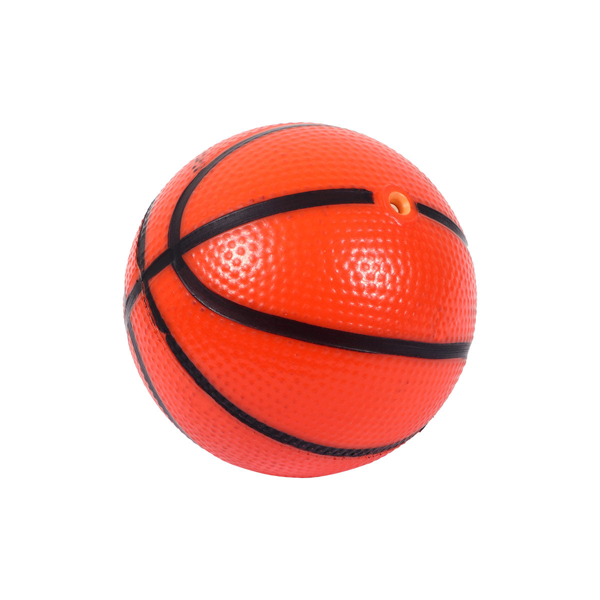 Orange basketball with black stripes.