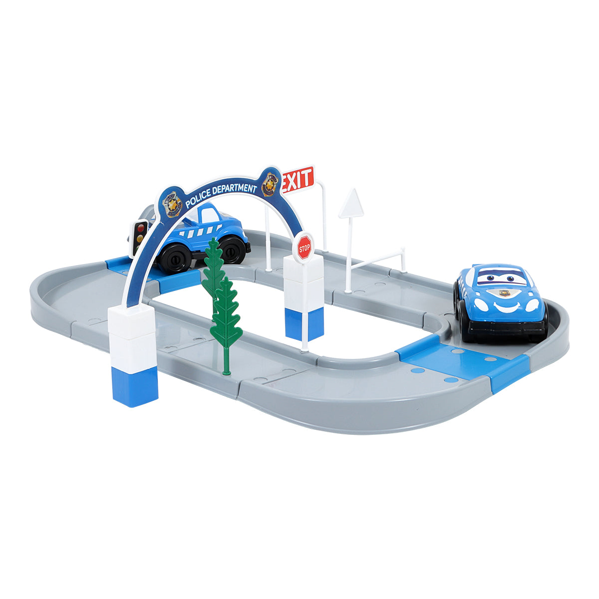 Ogi Mogi Toys Polizeistation Set mit 52 Teilen, inklusive Polizei- und Feuerwehrfahrzeugen, Bäumen und Straßen für kreatives Rollenspiel.