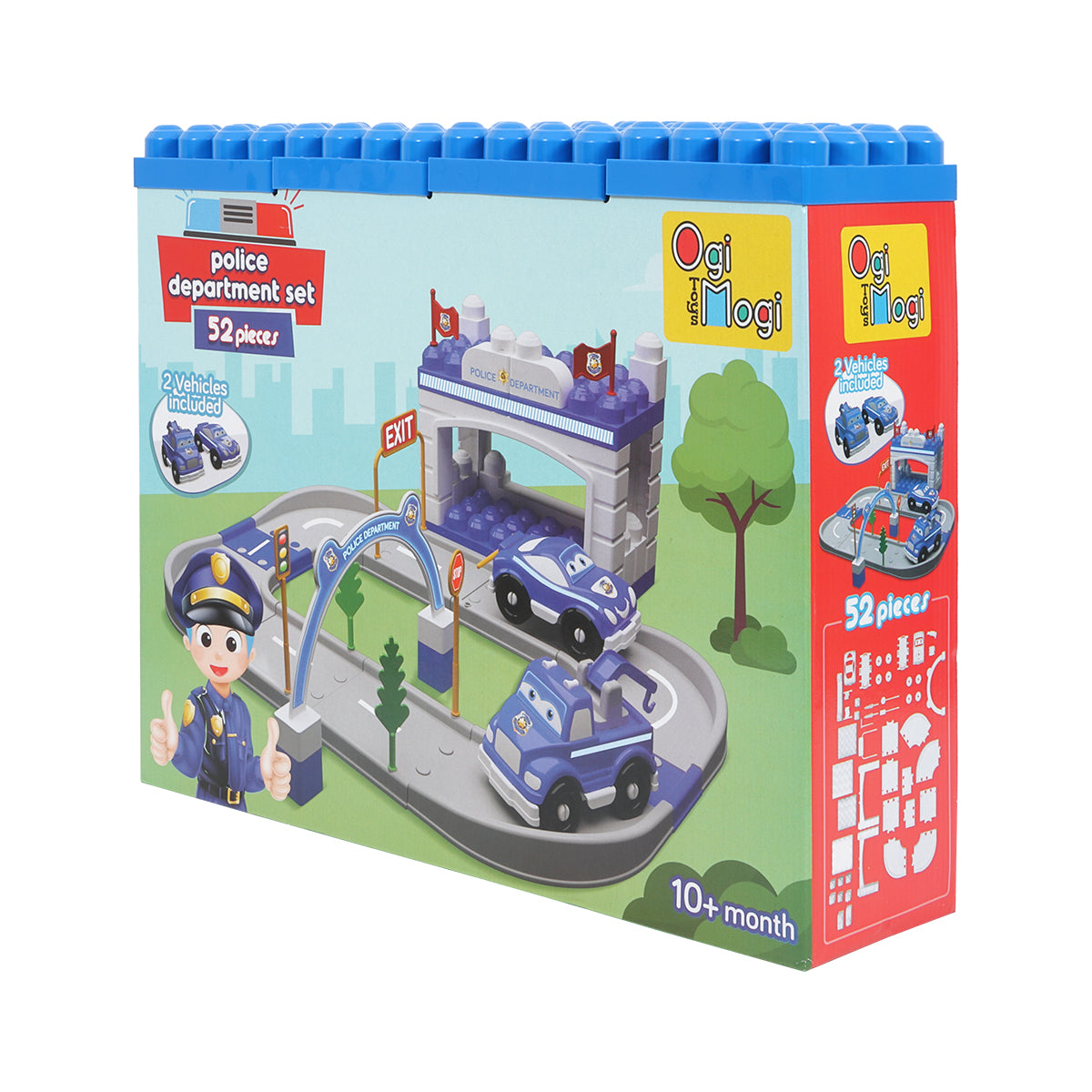 Ogi Mogi Toys Polizeistation Set mit 52 Teilen, inklusive Polizei- und Feuerwehrfahrzeugen, Bäumen und Straßen für kreatives Rollenspiel.