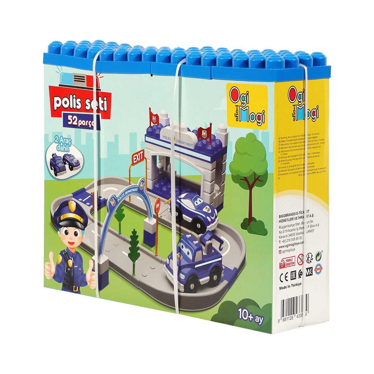 Ogi Mogi Toys Polizeistation Set mit 52 Teilen, inklusive Polizei- und Feuerwehrfahrzeugen, Bäumen und Straßen für kreatives Rollenspiel.