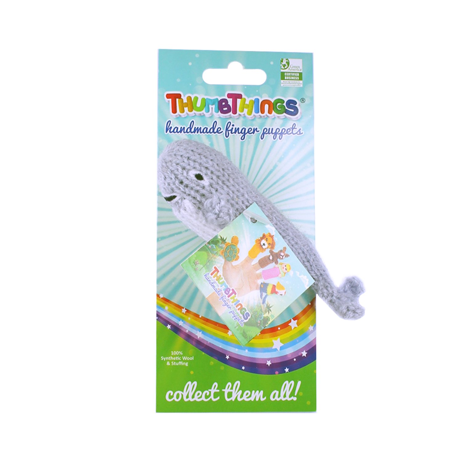 Handcrafted Pacific Gray Whale finger puppet made from eco-friendly materials, showcasing vibrant colors and unique design, perfect for children's play.