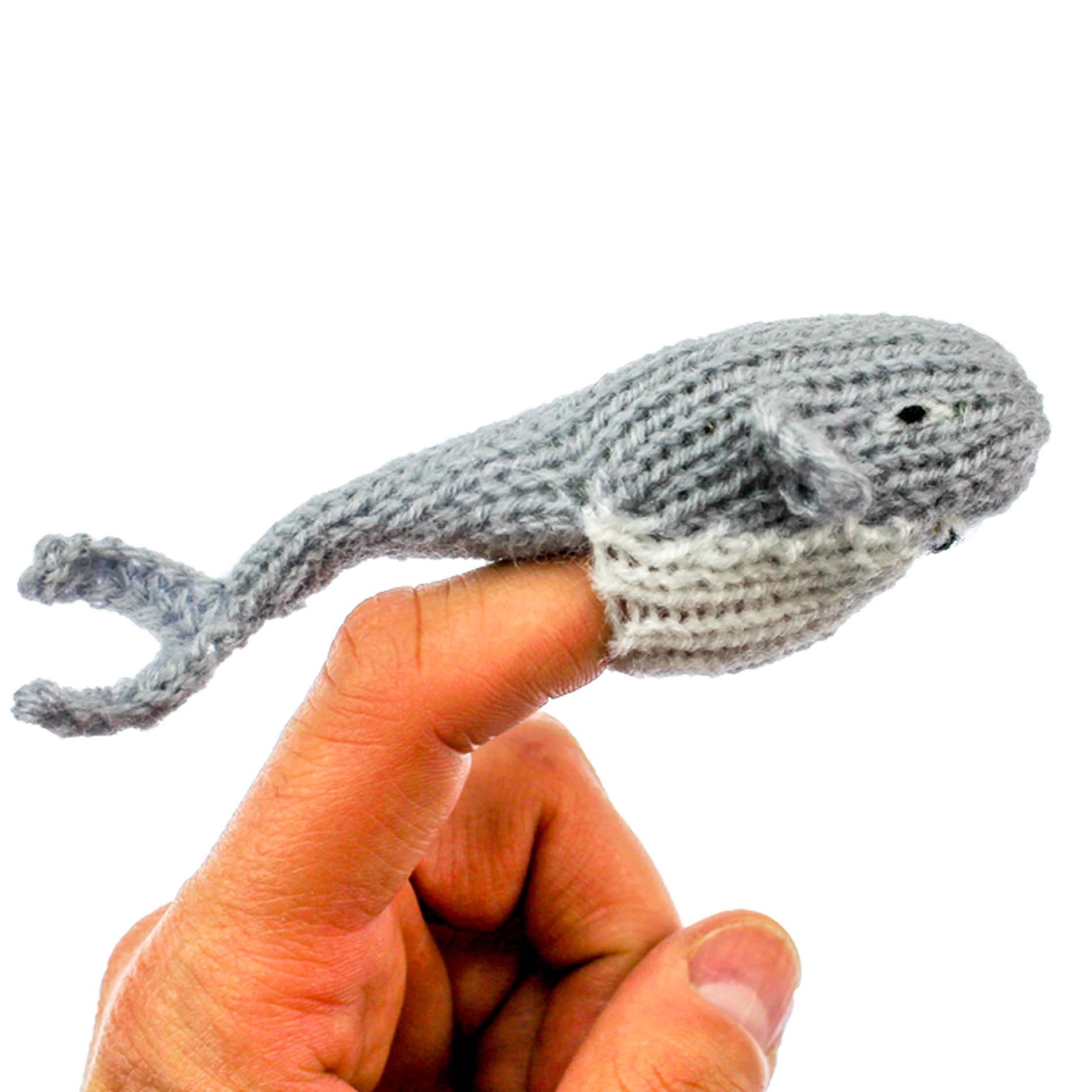 Handcrafted Pacific Gray Whale finger puppet made from eco-friendly materials, showcasing vibrant colors and unique design, perfect for children's play.