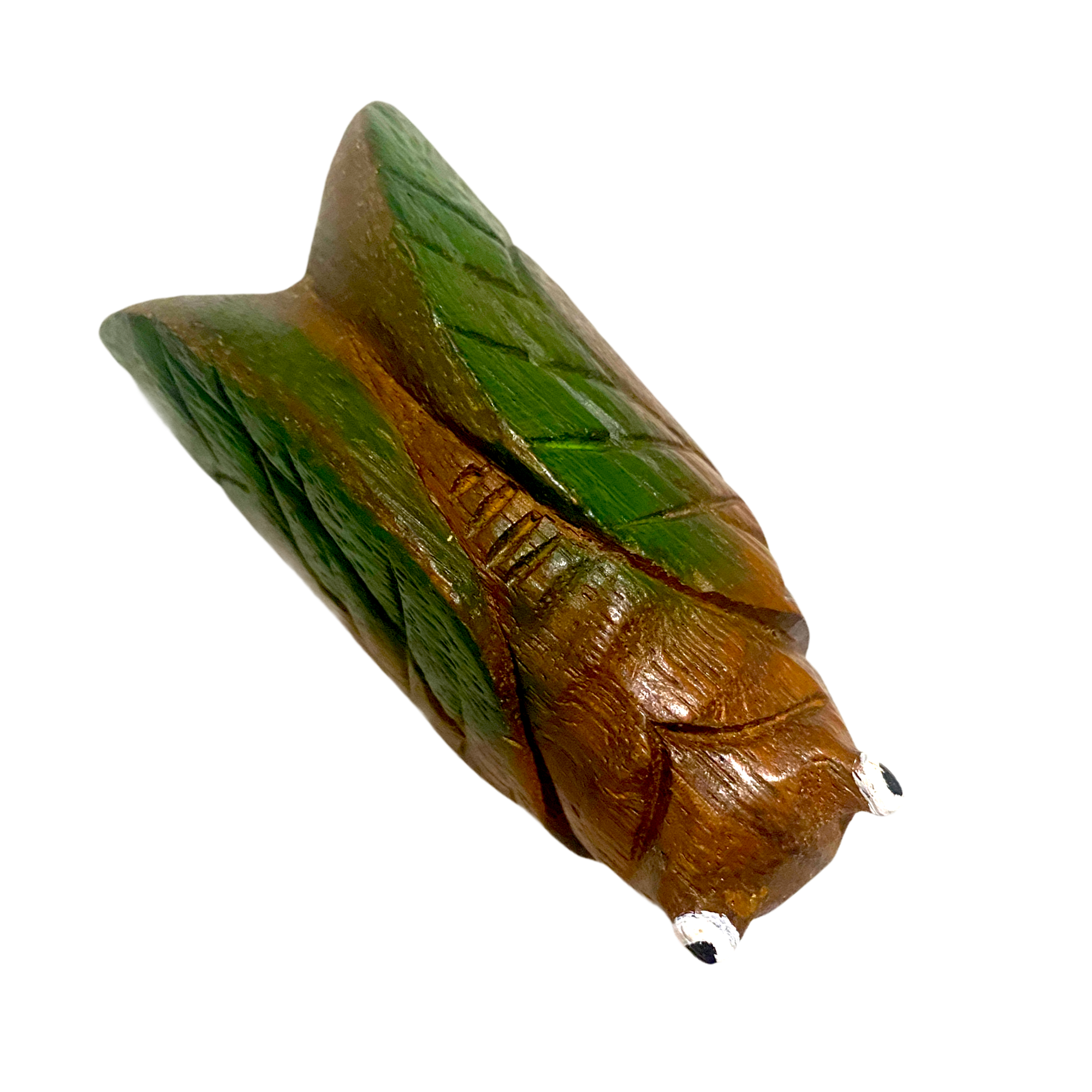 A beautifully handcrafted painted wooden cicada maraca, showcasing intricate details and vibrant colors, perfect for music and decoration.