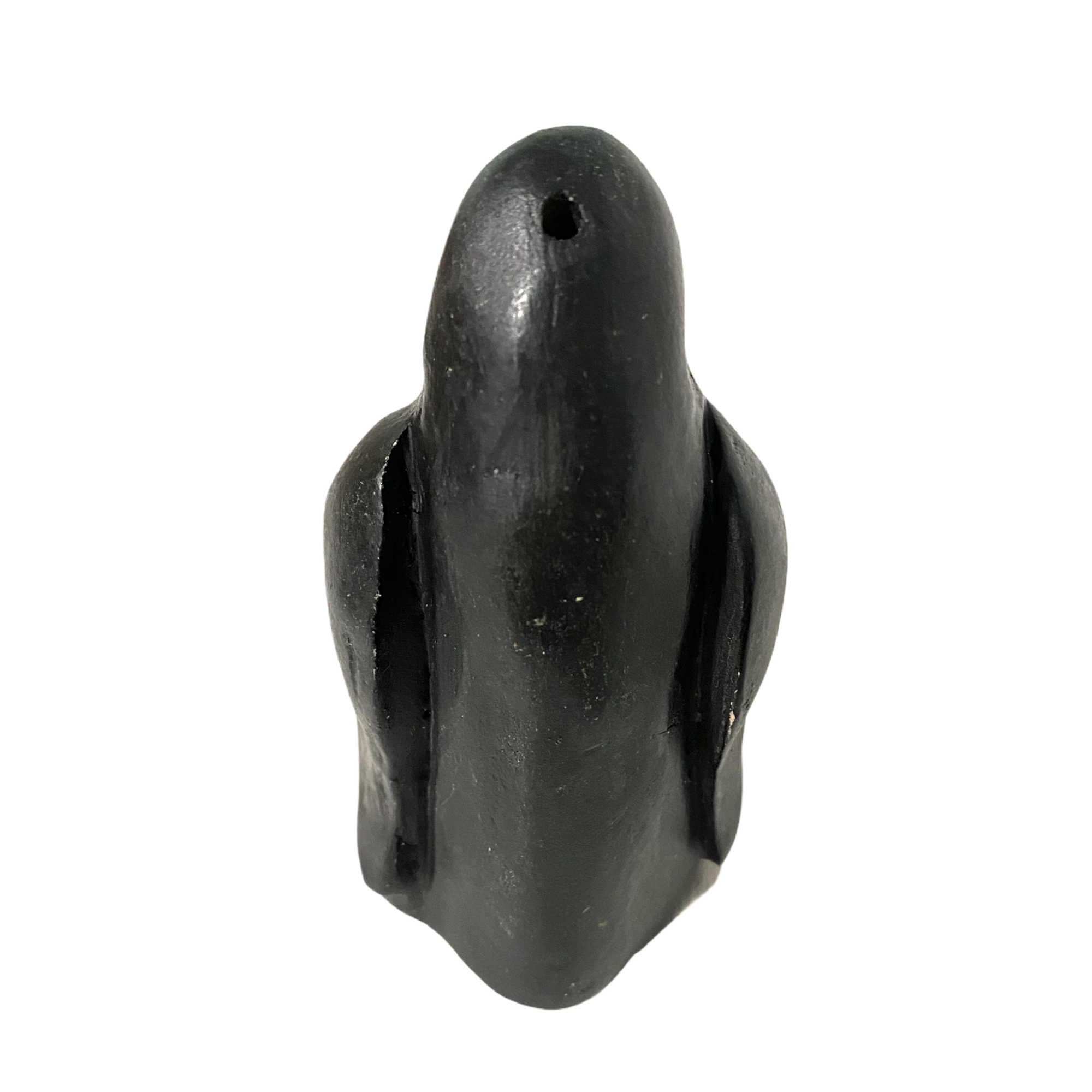 A colorful painted wooden penguin whistle instrument, designed for children, showcasing vibrant colors and a charming design.