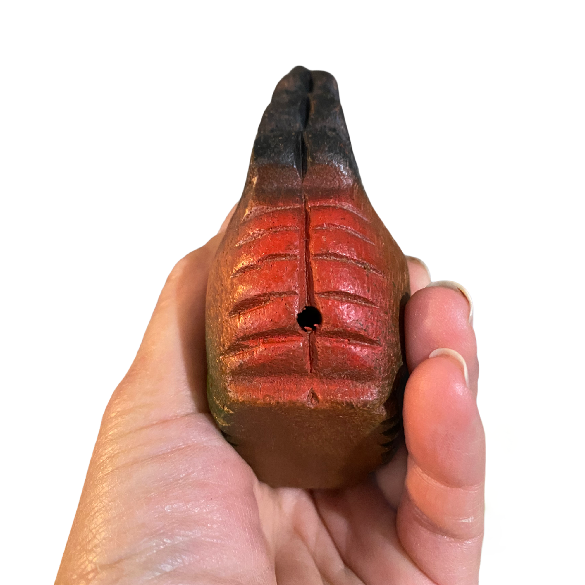 Colorful hand-painted wooden rooster musical whistle instrument, showcasing vibrant colors and intricate details.